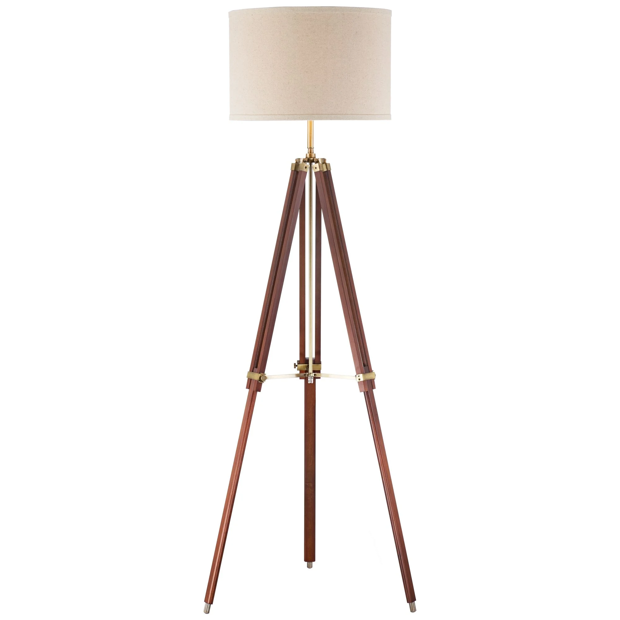 Possini Euro Design Serveyor Modern 57 1/2" Tall Tripod Floor Lamp Smart Socket Cherry Wood Brass Adjustable Beige Shade for Living Room