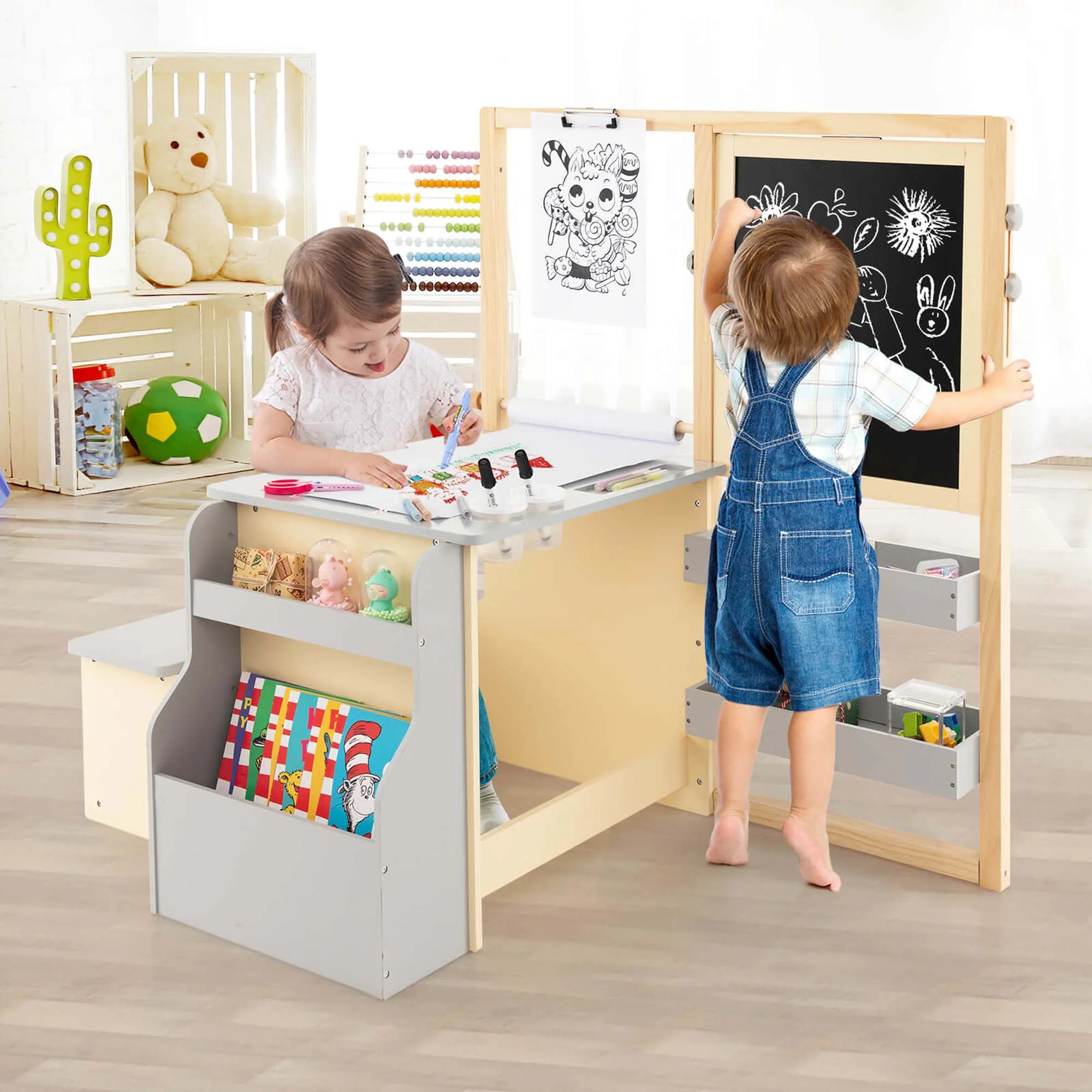 Costway Adjustable Wooden Double-Sided Art Easel with Bench Storage Table