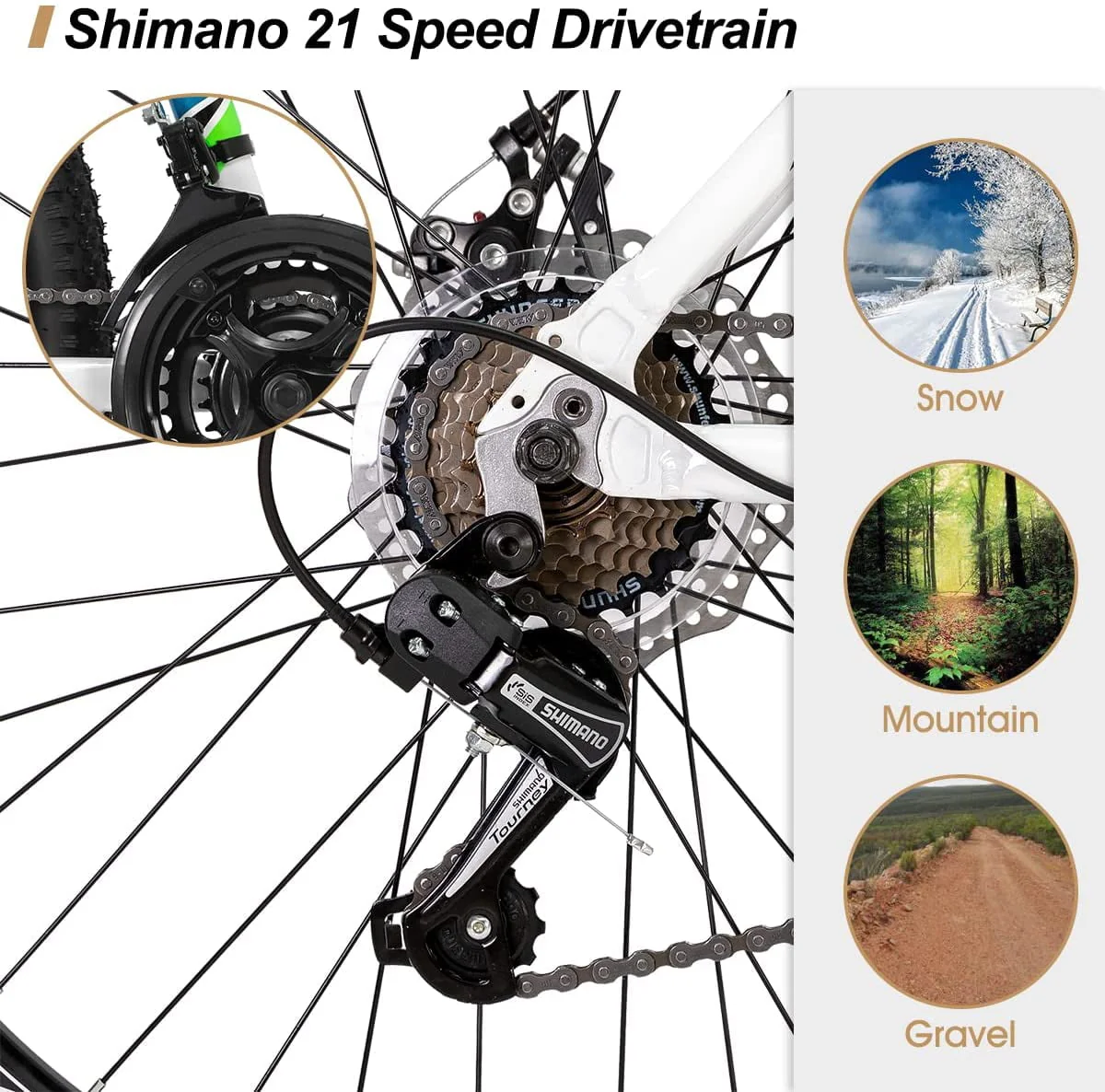 Hiland Mountain Bike, Shimano 21 Speeds Drivetrain,Aluminum Frame 26 inch Wheels, Men's MTB Bicycle, White