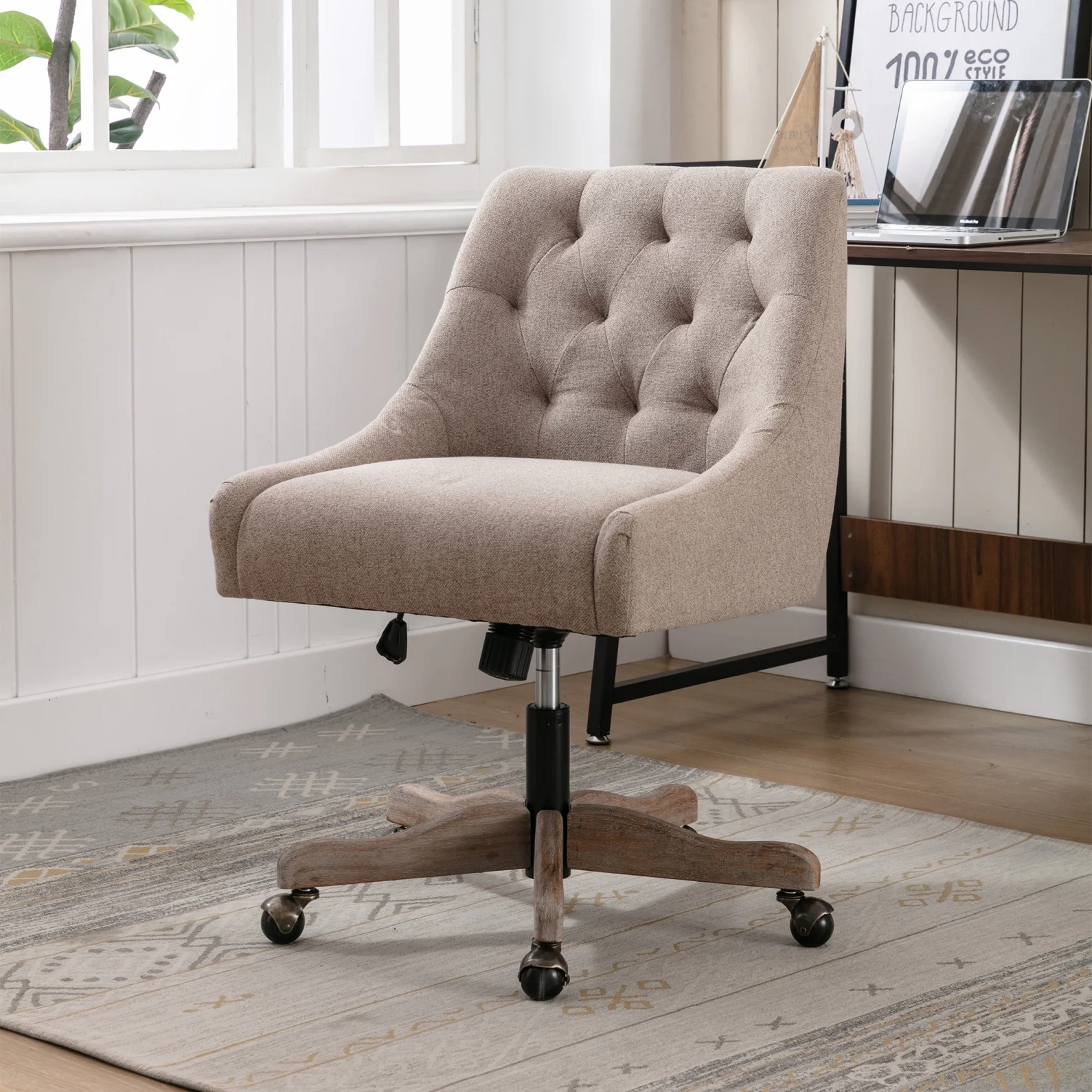 360 Degree Swivel Office Desk Chair, Upholstered Leisure Vanity Chair with Solid Wood Base and Wheels, Adjustable Height Computer Chair for Bedroom Living Room, Brown