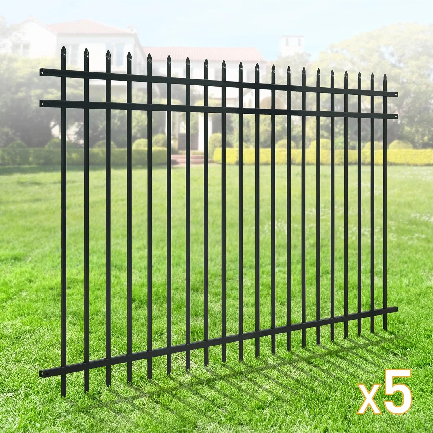 Fencer Wire Pack of 5 Heavy Duty Pinnacle Fence Barrier Panel, 5FT Height X 8FT Width Anti-Rust Metal Fencing Panel, 2 Diameter Steel Outdoor Decorative Garden Fence Panel for Yard, Pool, Patio