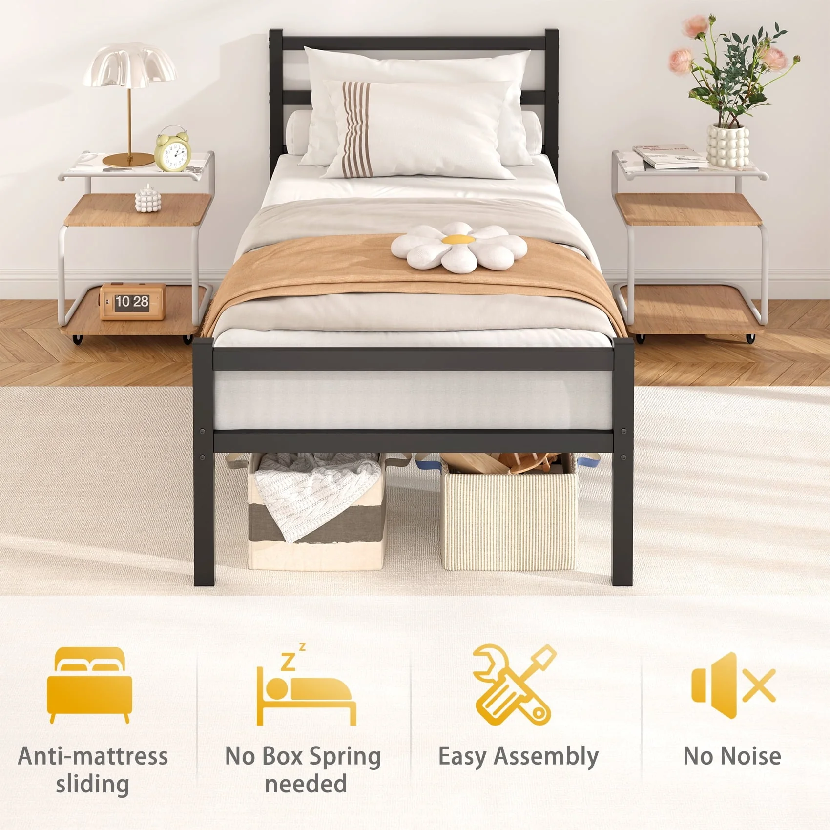 Mr IRONSTONE Heavy Duty Twin Size Metal Platform Bed Frame with Headboard and Footboard 14" High Under Bed Storage Space, No Box Spring Needed, Black