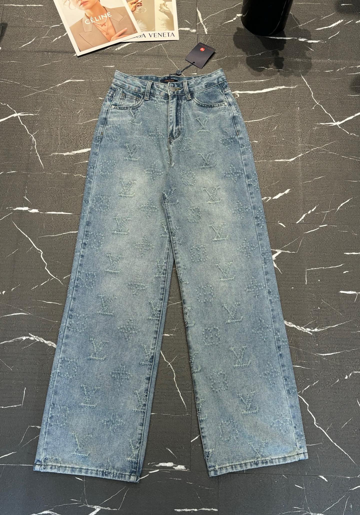 LV Style Distressed Monogram Denim Jeans