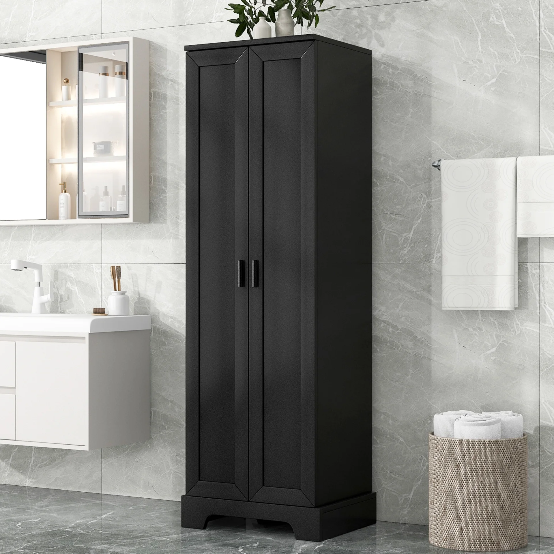22'' Double Door Storage Cabinet with Adjustable Shelves, High Quality Bathroom Cabinet with  MDF Material, for Living room, Bathroom, Black
