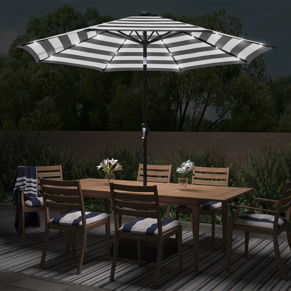 Abble 9' Black and White Striped Octagon Lighted Patio Umbrella, LED Lights