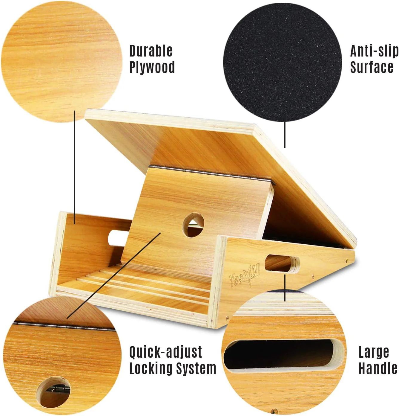 Yes4All Professional Wooden Slant Board, Adjustable Incline Board with Anti-Slip Surface for Calf Stretching - Extra Side-Handle Design for Portability (Full Coverage)