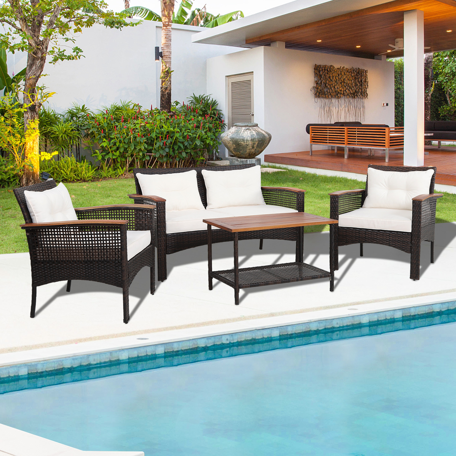 Gymax Fashion 4PCS Rattan Patio Furniture Set Acacia Wood Outdoor Conversation Set w/ Cushions