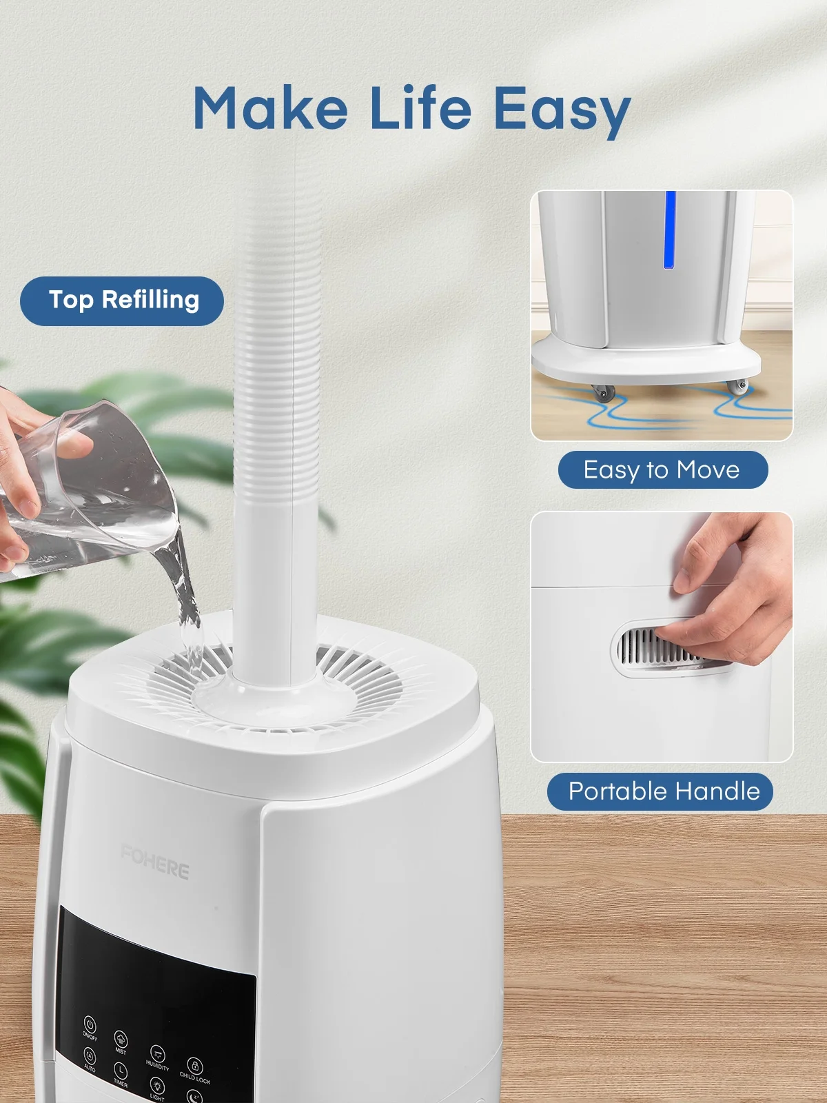FOHERE 4.8Gal/18L Humidifier Large Room, Easy Top Fill Cool Mist Tower Humidifiers Quiet for Home, Plants, Commercial, Whole House Cover up to 1500ft2, with Smart Sensor, Remote, 5 Speeds, White