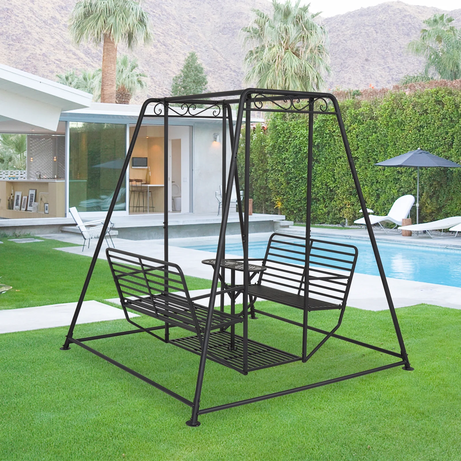 Kinbor 4-Seat Outdoor Metal Swing Bench, Heavy Duty Outdoor Swing Chair with Table&Stand, 880lbs Weight Capacity, Black