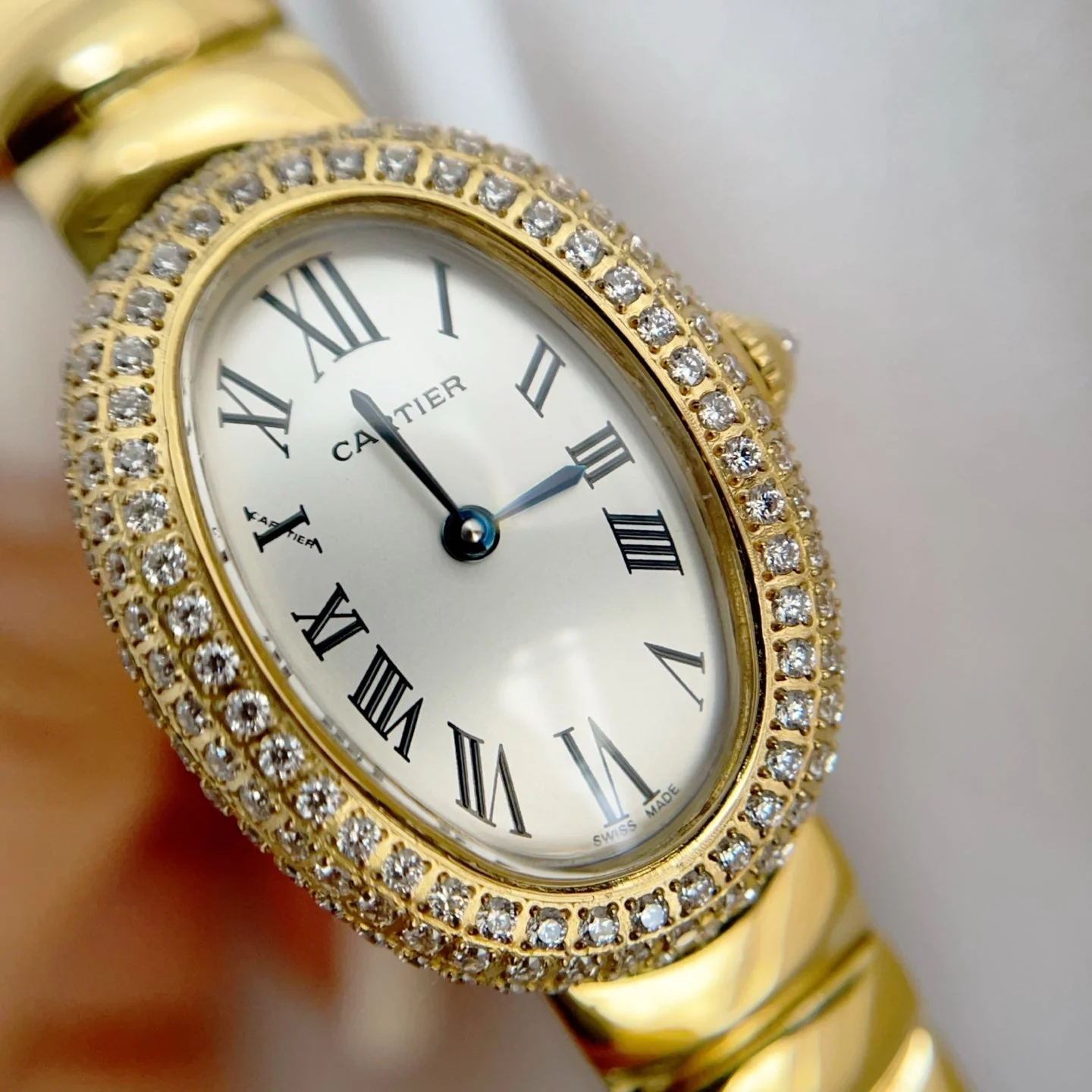 Cartier Watch Baignoire Gold White Dial Diamond Bezel