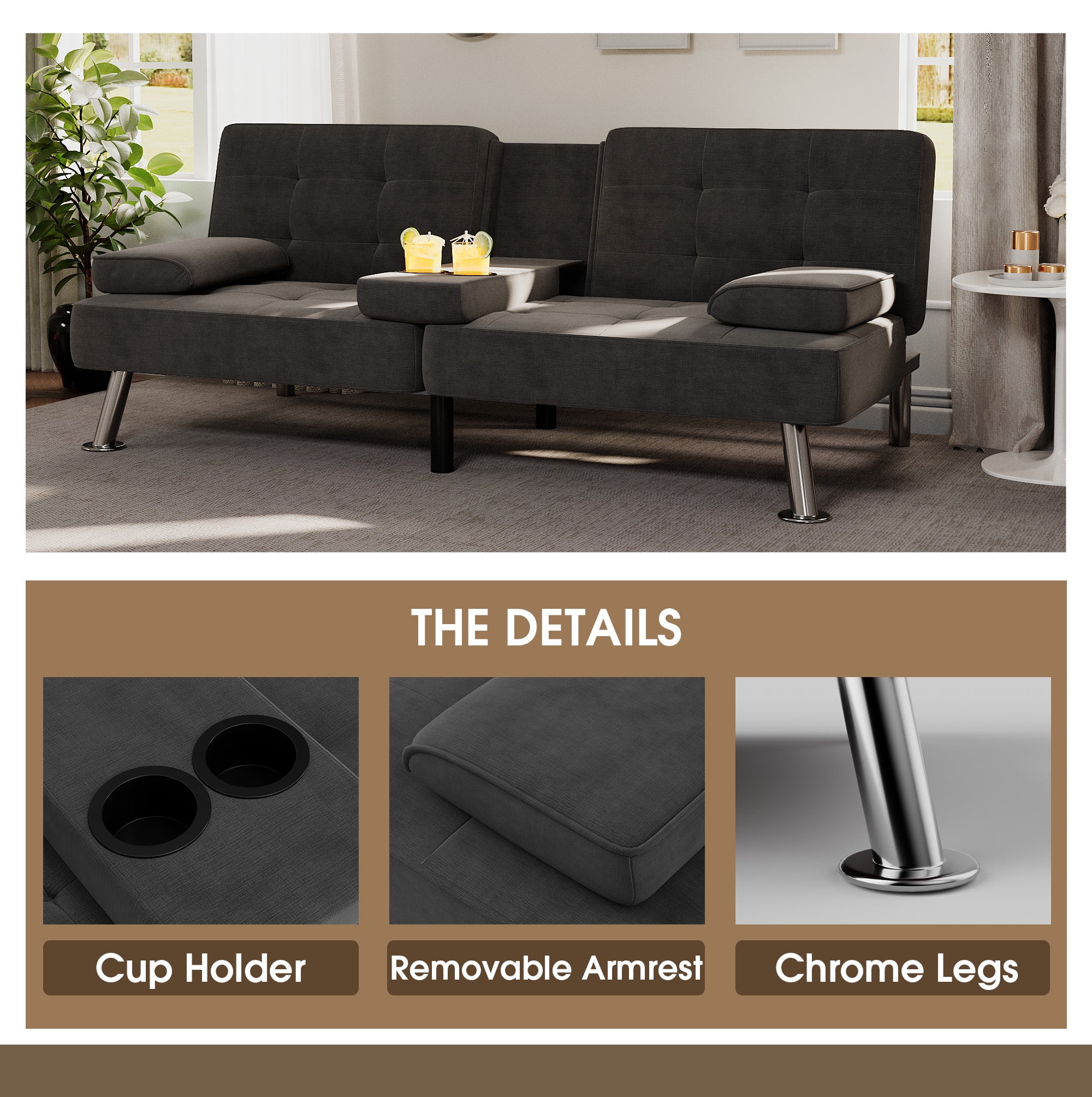 Homall Linen Futon Metal Legs Convertible and Removable Armrests with Cup Holders, Black