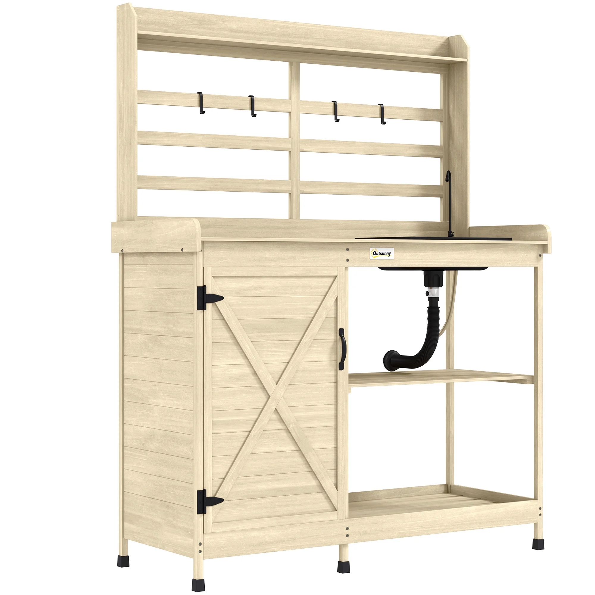 Outsunny Wooden Potting Bench, Outdoor Potting Table with Storage Cabinet, Storage Shelves, Sink, Water Tap for Backyard, Patio, Balcony, Natural