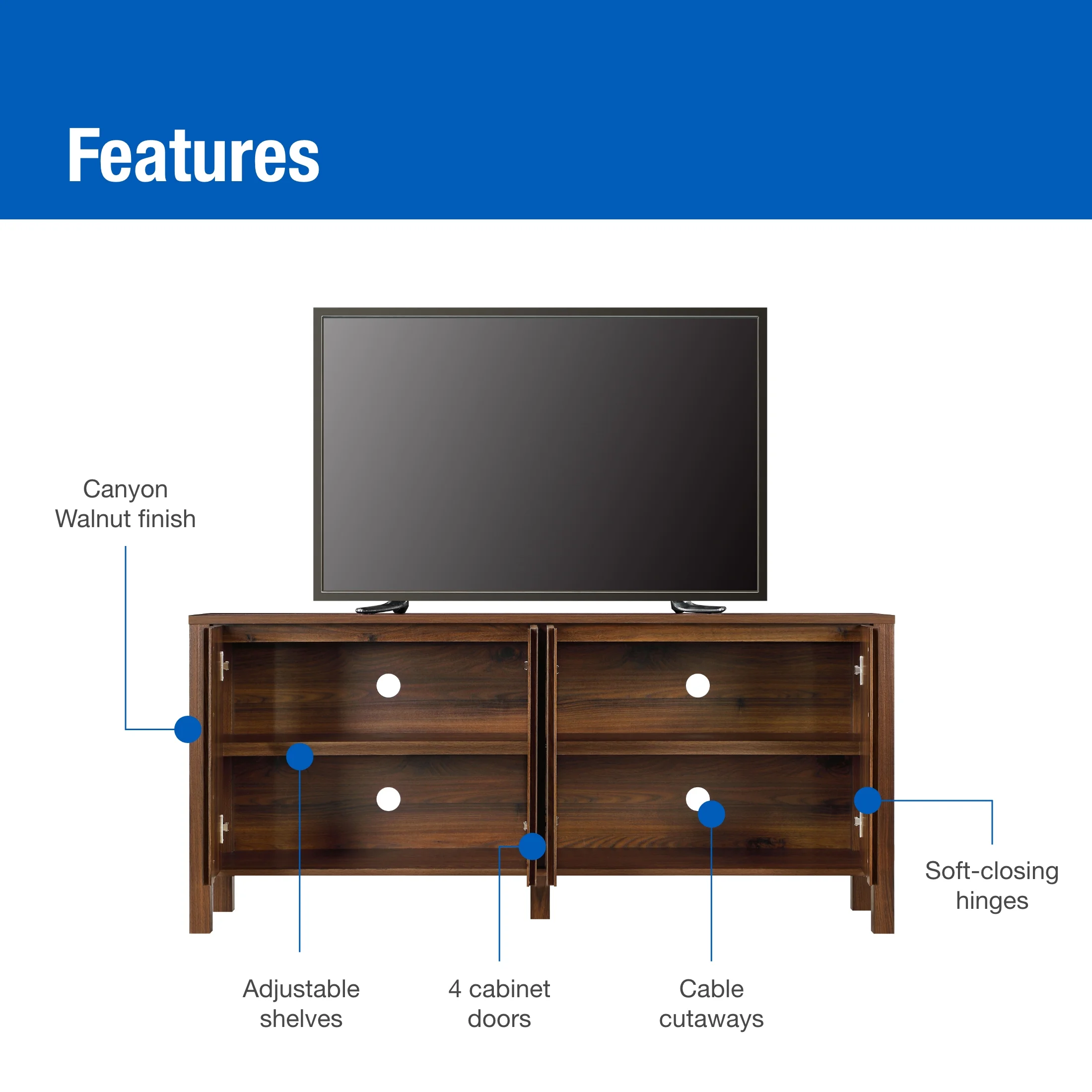 Mainstays 4-Door TV Console for TVs up to 65, Canyon Walnut Finish