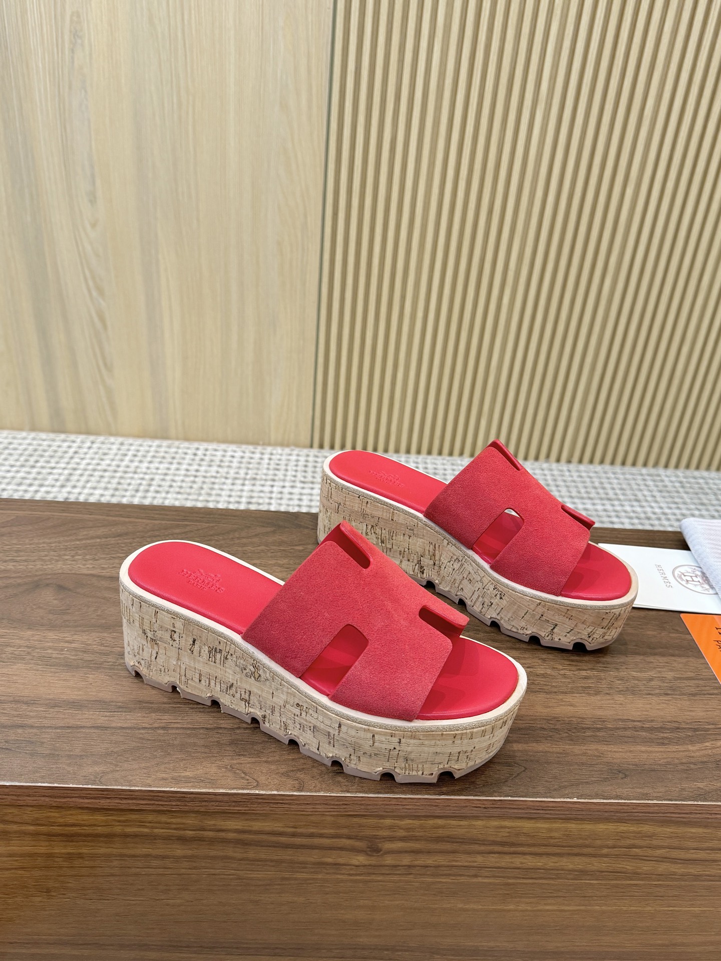 Hermes Red Suede Leather H-Cutout Cork Sole Slide Sandal