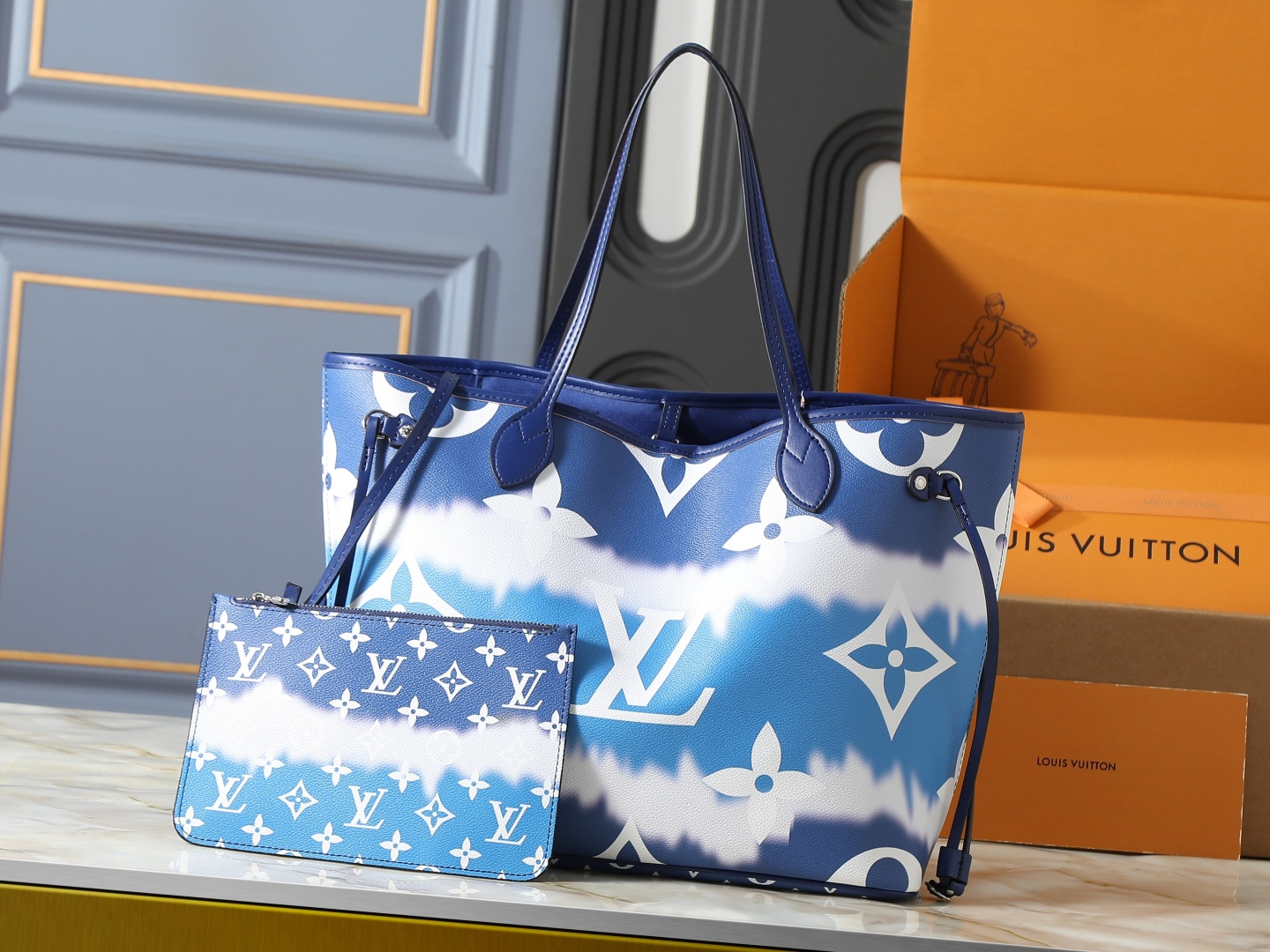 LV Neverfull MM Escale Blue Monogram Canvas Leather Tote Shoulder Bag With Pouch