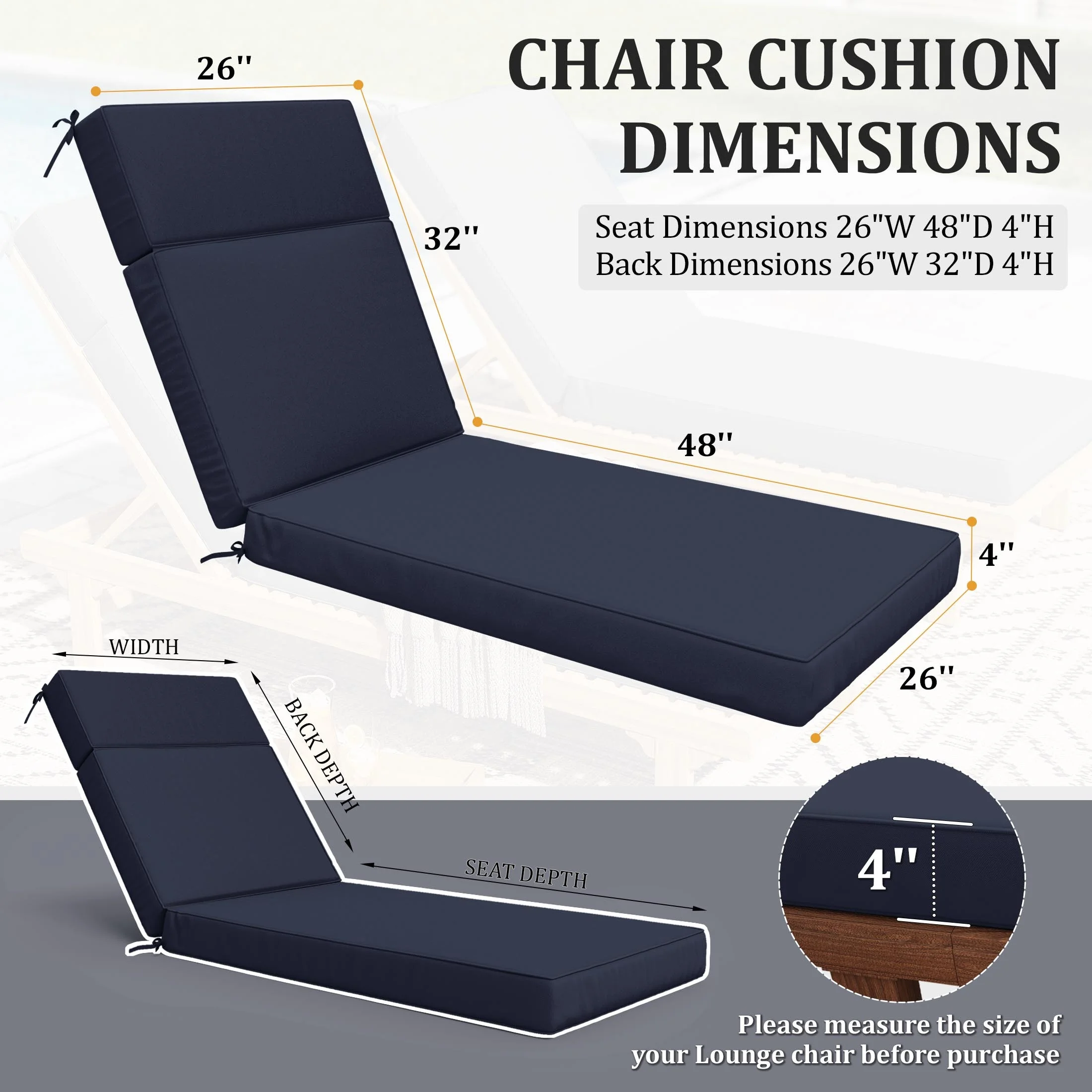 Kimunuk Outdoor Chaise Lounge Cushions set of 2, 80" x 26" x 4" Waterproof Pool Beach Recliner Replacement Cushions with Ties, Navy