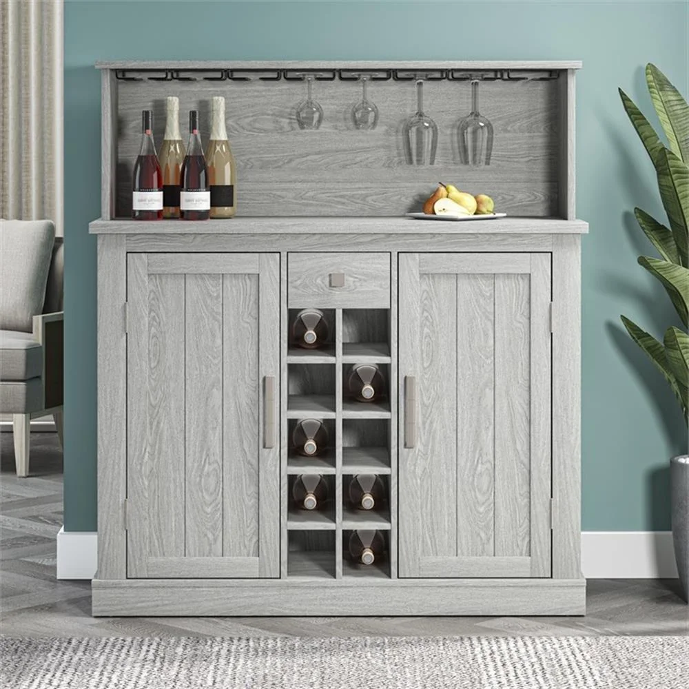 LIVILAND 47 in. Grey Buffet Bar Cabinet Wine Rack w/ Wood Pattern Countertop