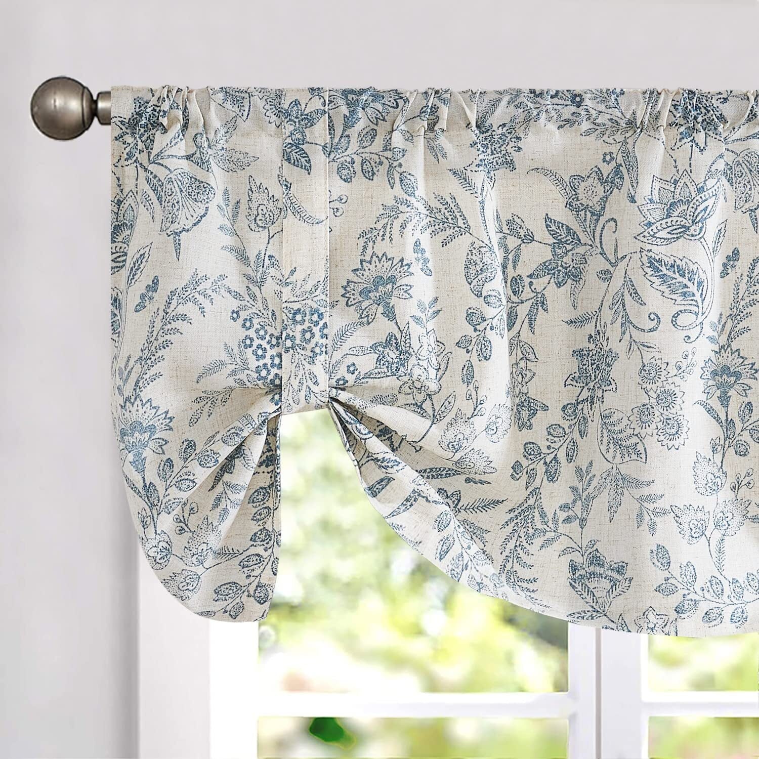 Curtainking Tie Up Valance Curtain 18 inch Blue on Beige Farmhouse Floral Printed Valance for Kitchen Bathroom Light Filtering Small Curtain Rod Pocket 1 Panel
