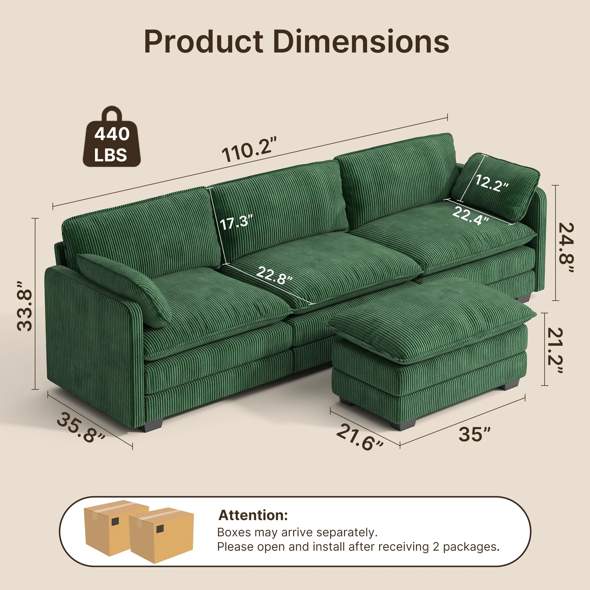 Lofka 110 Modular Sectional Sofa Bed with Double Layer Cushions and Movable Ottoman, Modern Comfy Cloud Couch for Living Room, DIY Combination, Green