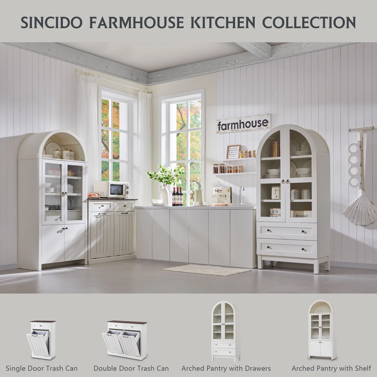 SinCiDo Arched Kitchen Pantry Storage Cabinet, 71-Inch Tall Wood Adjustable Shelves, 2 Doors, 2 Drawers