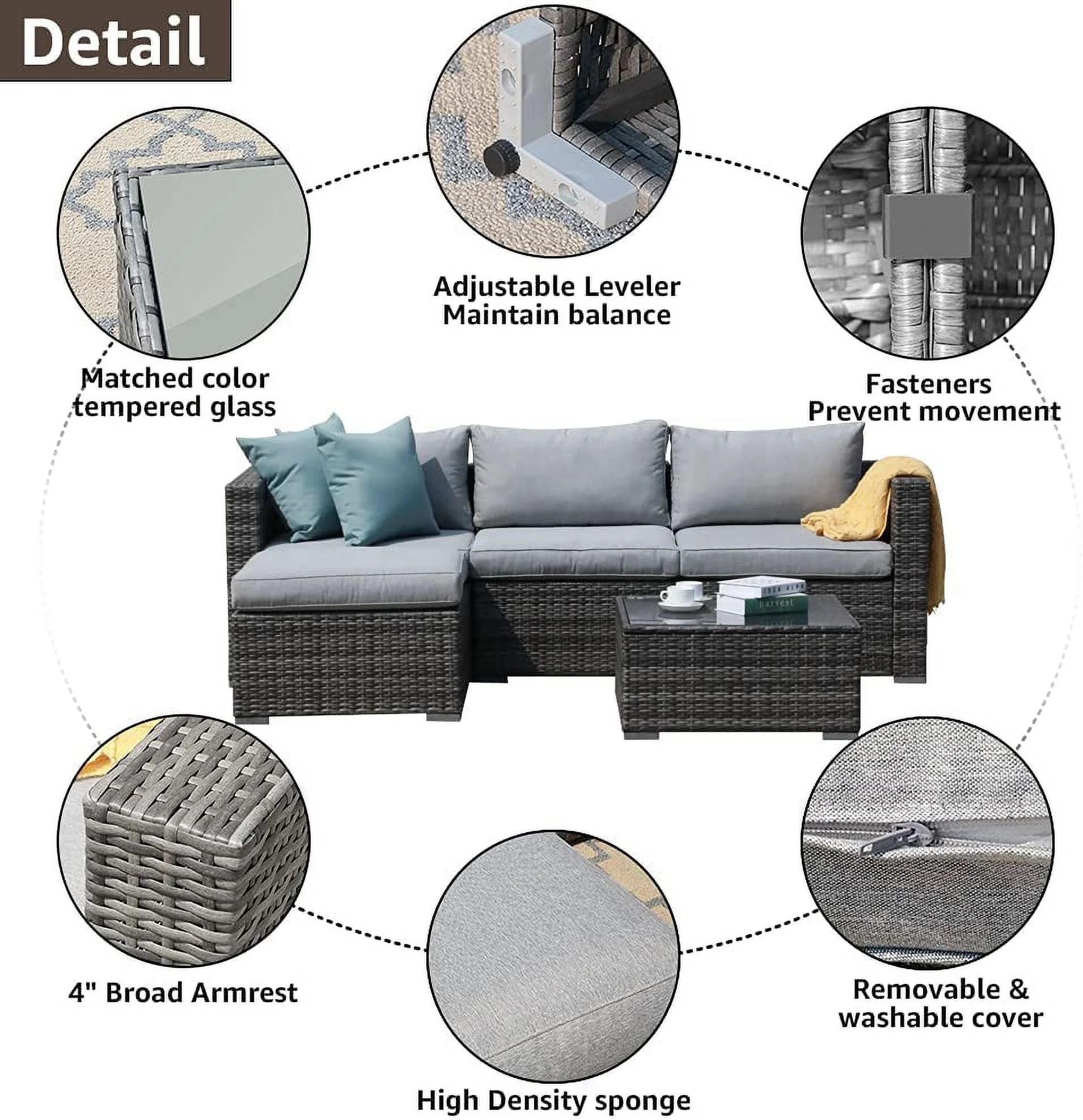 Patiorama 5-Piece Patio Furniture Set, Outdoor Sectional Conversation Set, All-Weather Grey PE Wicker with Light Grey Cushions, Backyard Porch Garden
