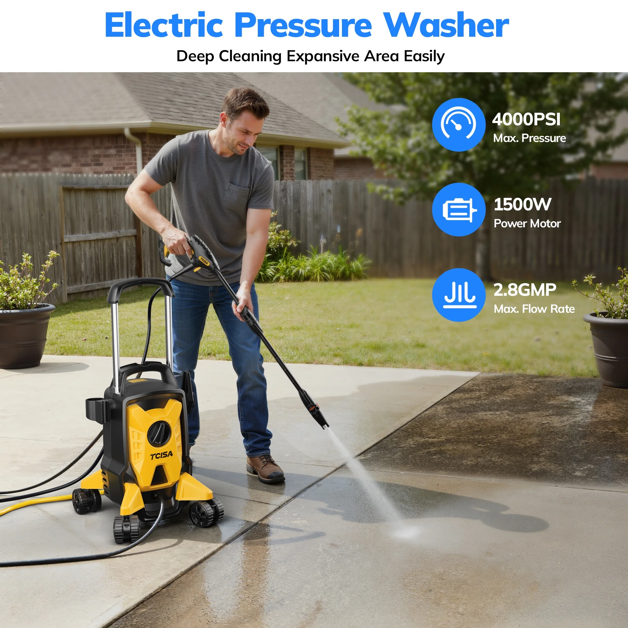 TCISA Electric Pressure Washer,4000 PSI Max 2.8 GPM Power Washer with 35FT Cord,20FT Hose,Adjustable Nozzle 0-120,Foam Cannon for Car Garden Patio