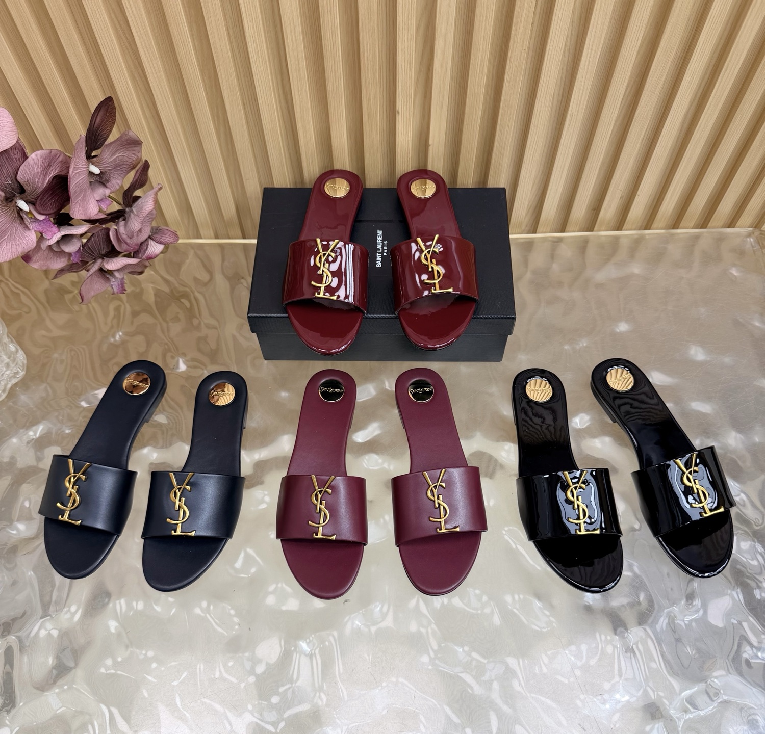 YSL Logo Patent & Smooth Leather Wide Strap Tribute Flat Slide Sandals