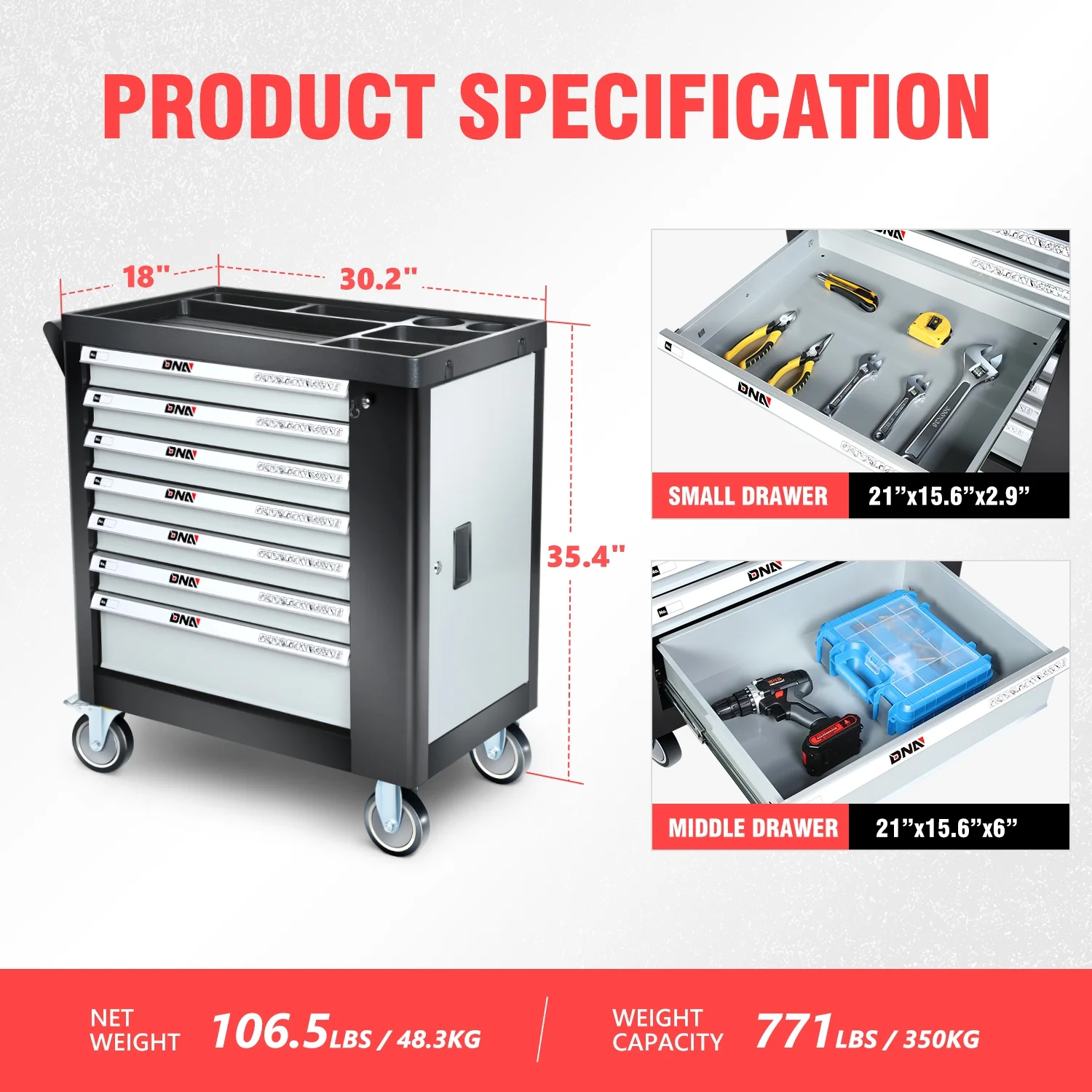 7-Drawers Rolling Tool Chest Cabinet with Casters, Locking System, Top Worktop, for Garage Warehouse Workshop, Grey