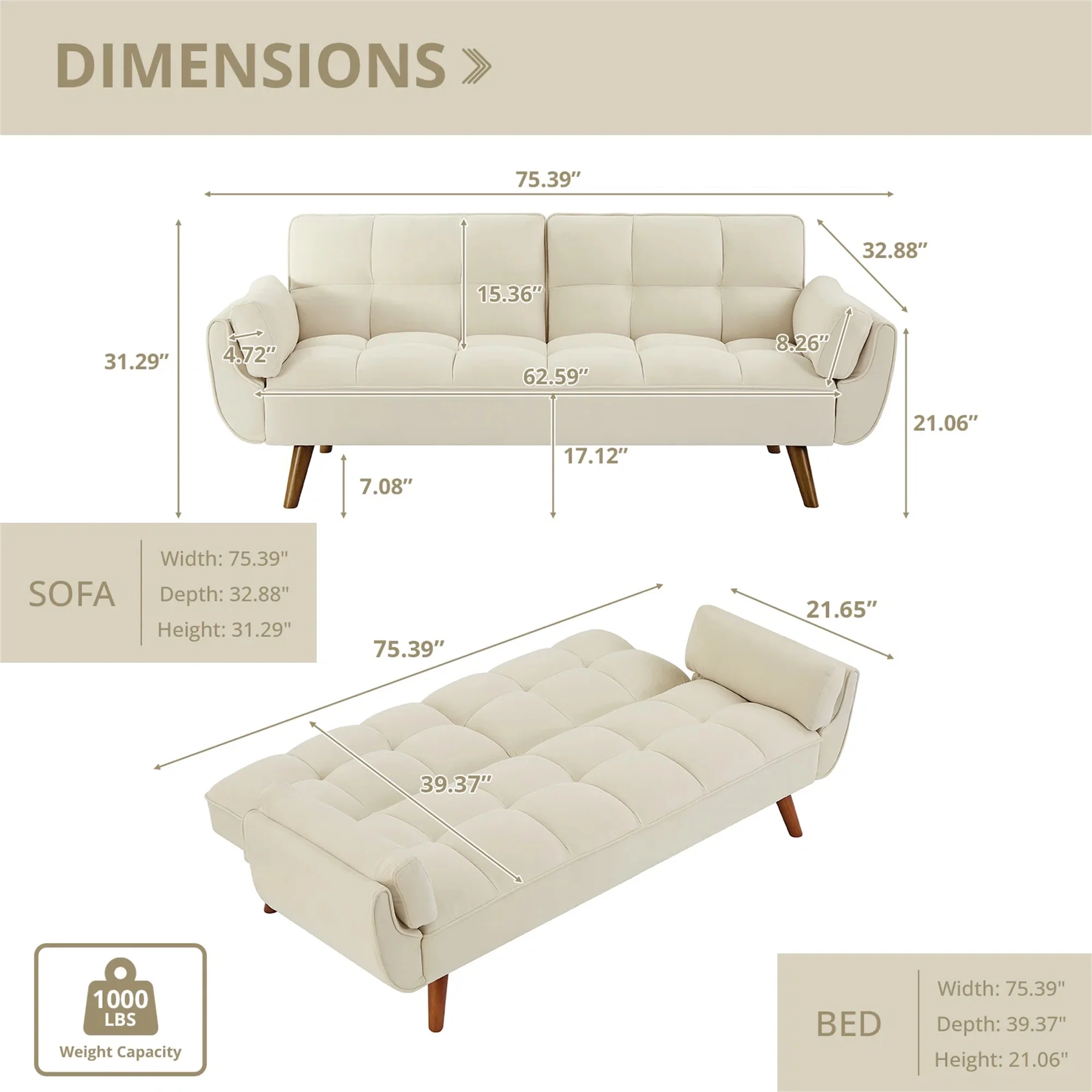 Aukfa 75" Flared Arm Futon Convertible Sofa Bed, Linen Sleeper Couch for Home Office, Beige