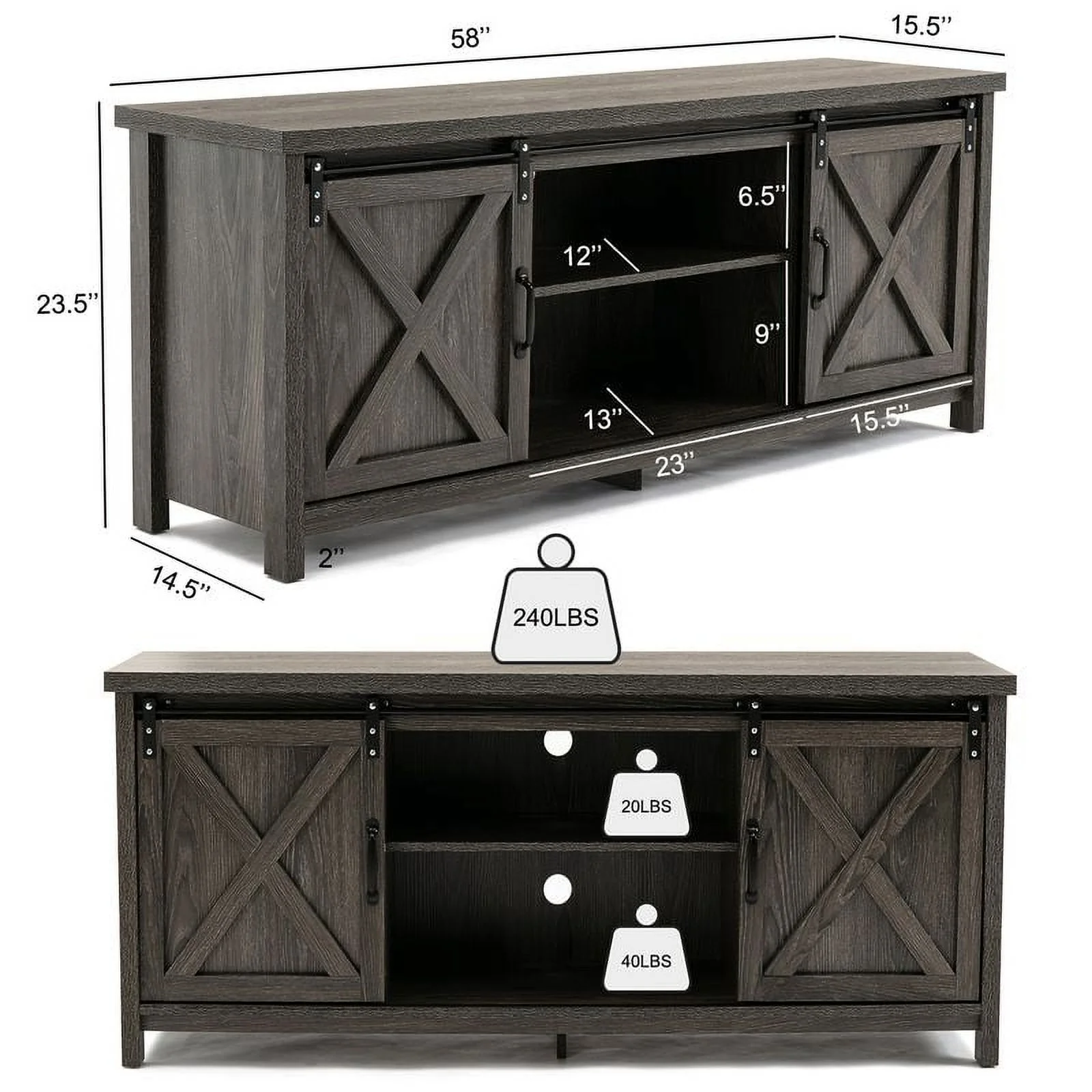 Yaoping 58" Farmhouse Sliding Barn Door TV Stand for TVs Up to 65" Television Cabinet(Dark gray)