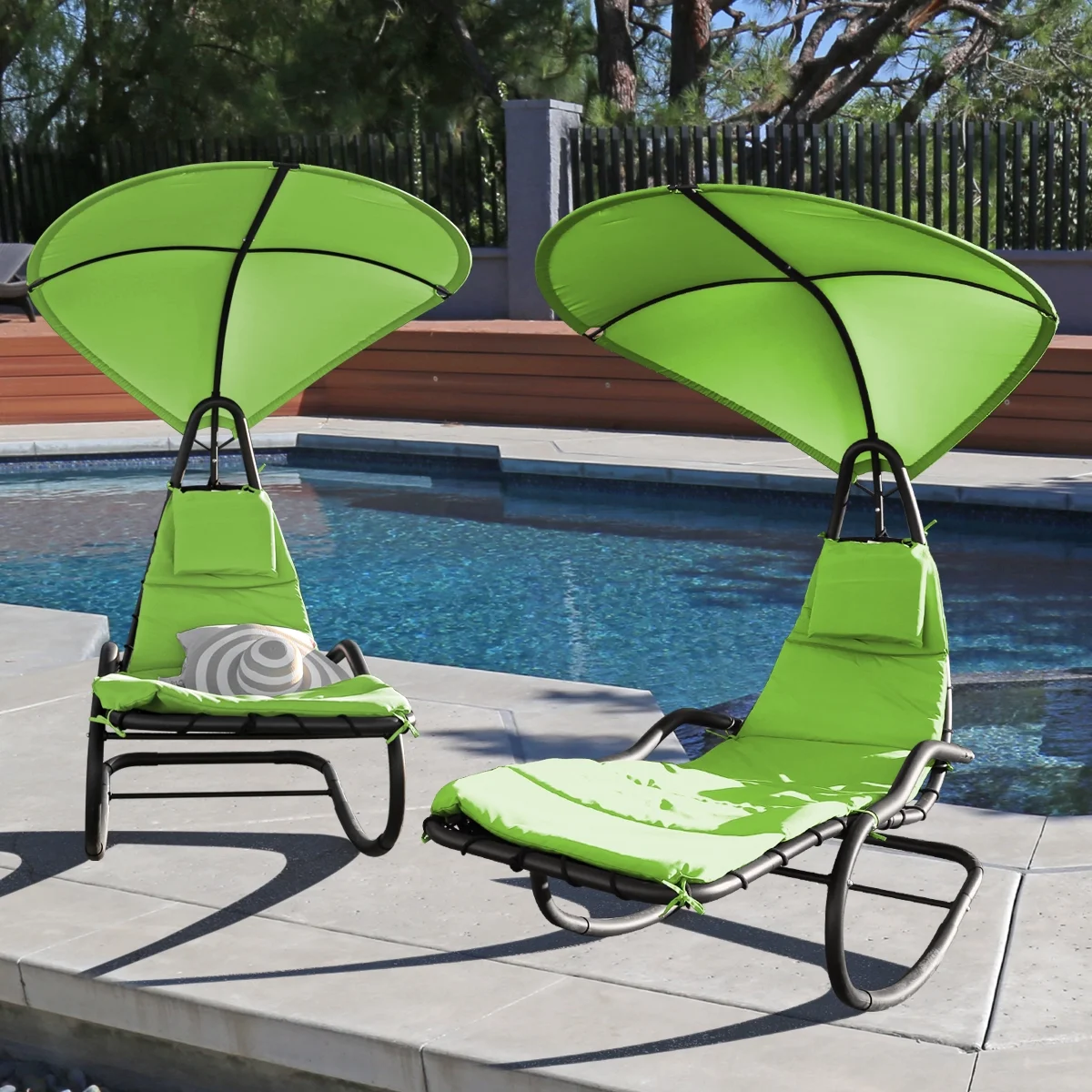 2X Rocking Hanging Lounge Chair - Curved Chaise Rocking Lounge Chair Swing For Backyard Patio w/ Built-in Pillow Removable Canopy with stand {Green}