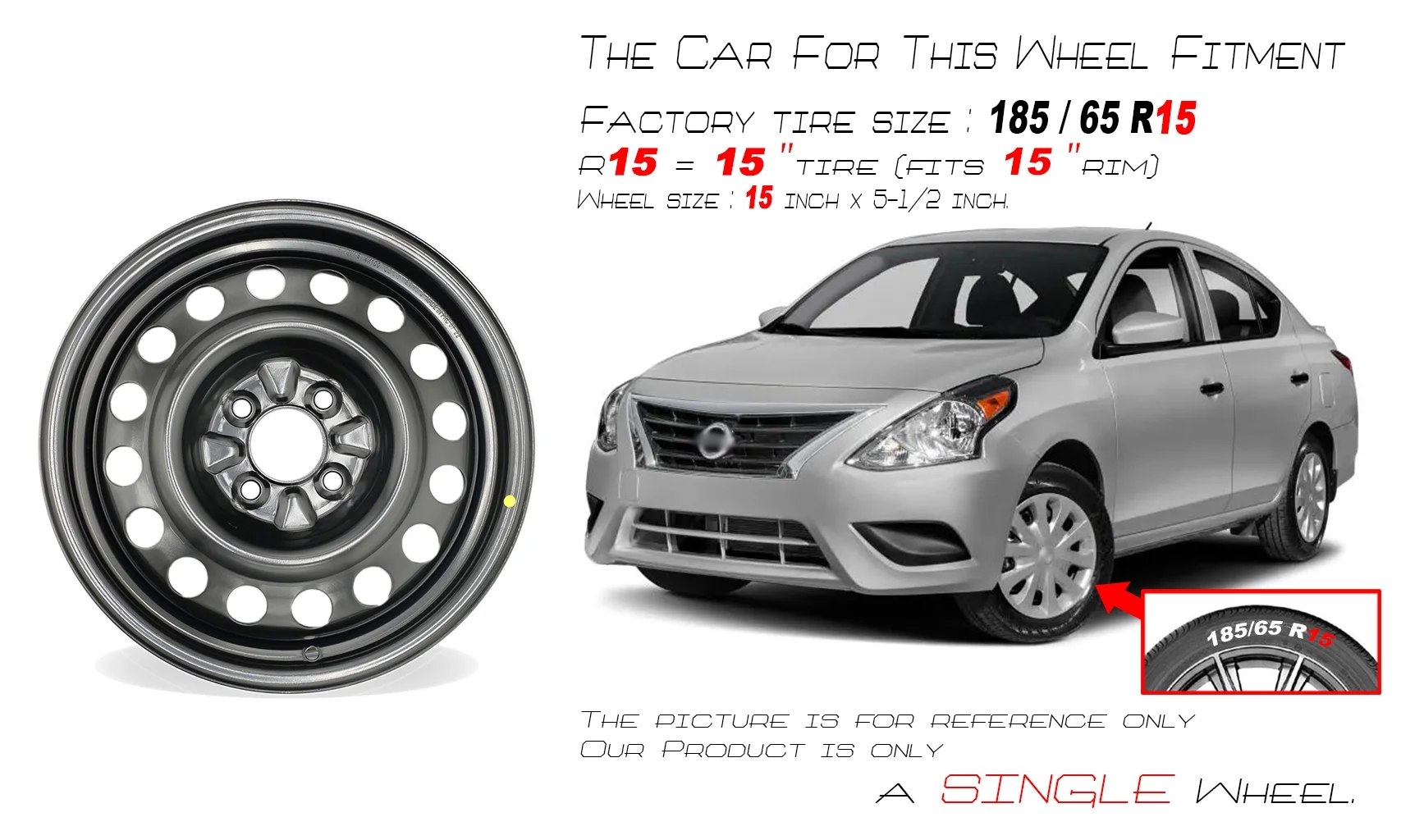 15" Single 15X5.5 Black Steel Wheel For Nissan Versa 2013-2019 OEM Design Replacement Rim