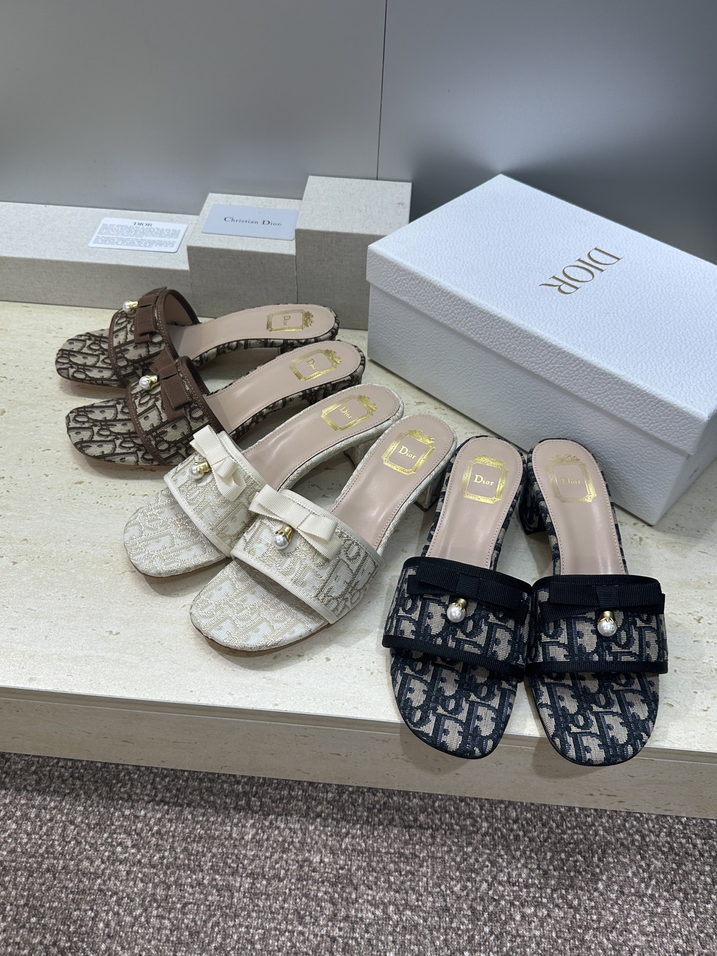 Dior Oblique Pearl Bow Mid-Heel Mules