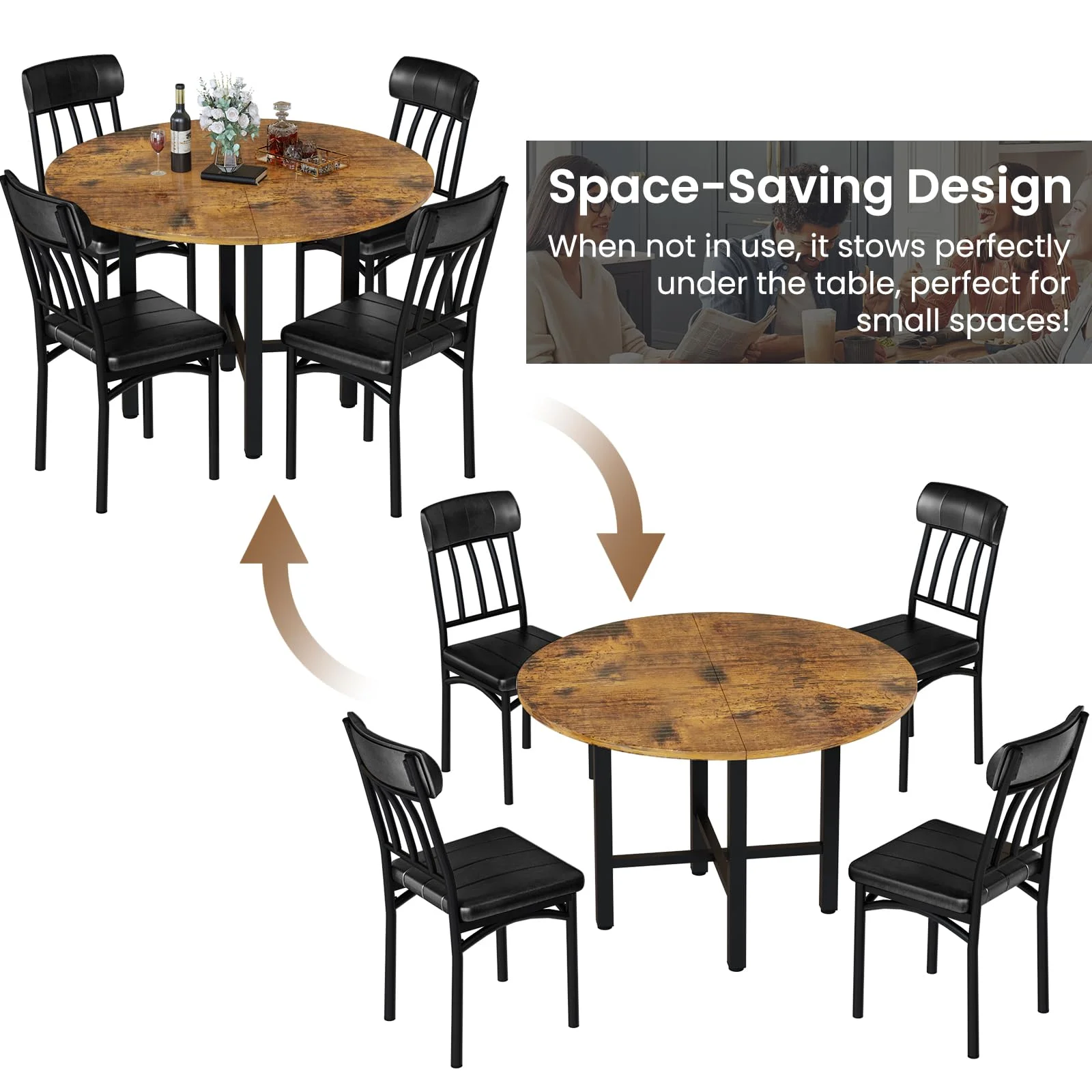 Furlinkhm Round Dining Table Set for 4, Wood Round Kitchen Table and Chairs Set for 4, Modern Dining Room Table Set with 4 Faux Leather Chairs, Round Dinner Table for Small Space, Walnut