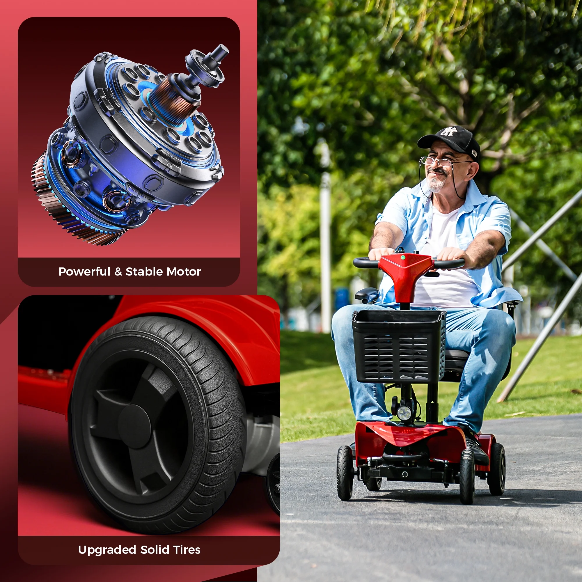 iScooter 4 Wheel Mobility Scooter for Seniors, Wider Seats & Foldale Electric Wheelchair Device for Travel, Upgraded for Superior Performance, Red