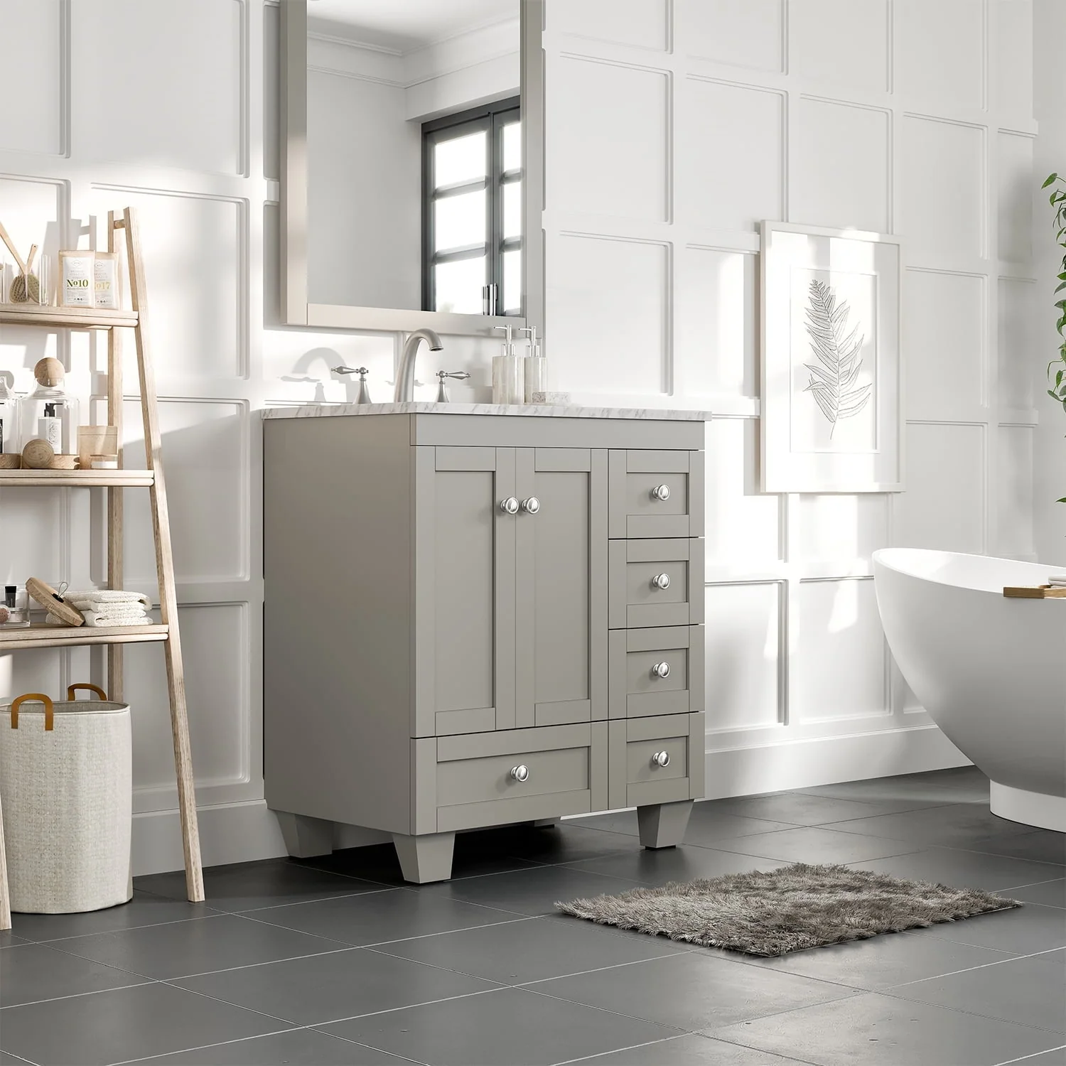 Eviva Bathroom Vanity Acclaim C. 30" Transitional Gray with White Carrara Marble Counter-Top