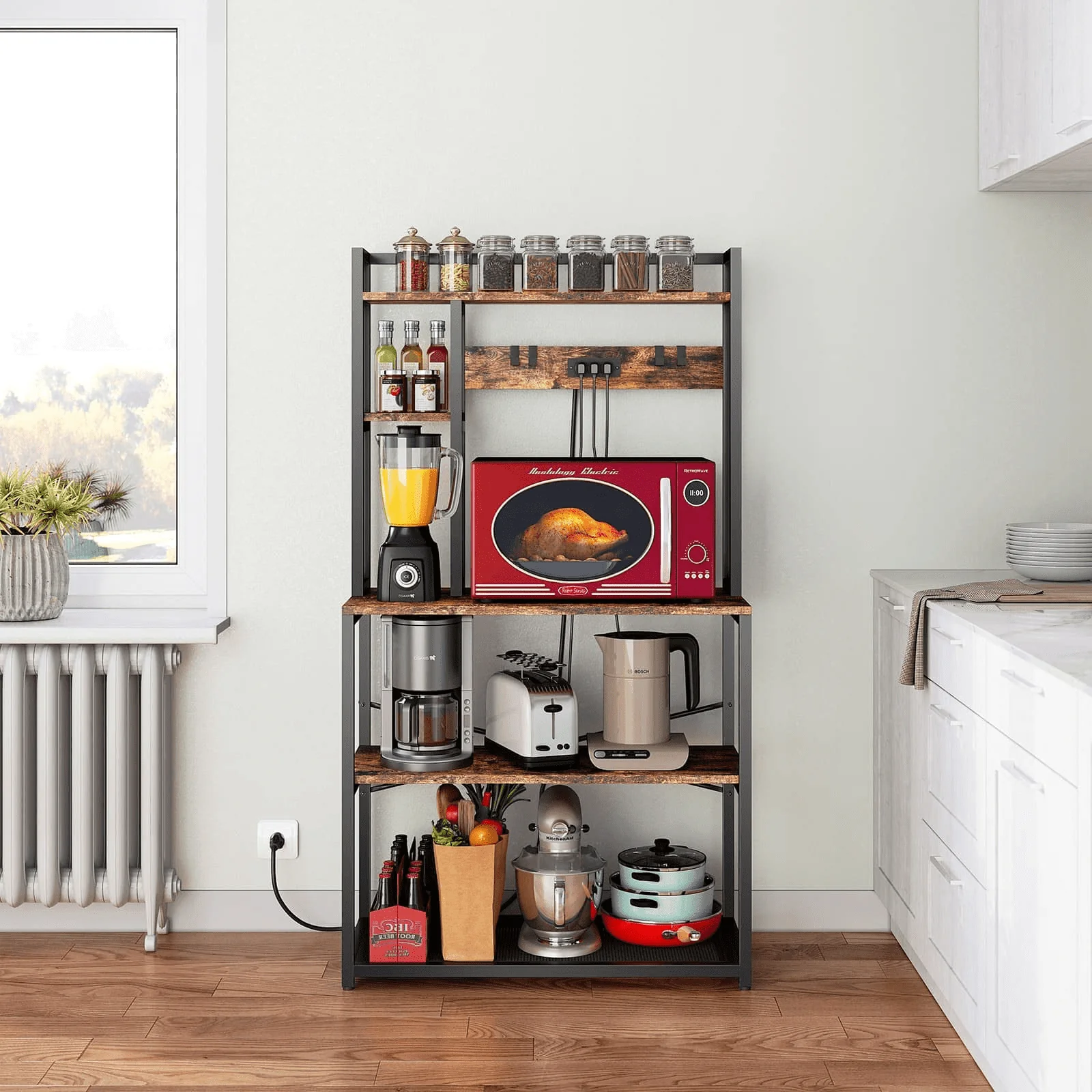 Baker's Rack, BUG HULL Kitchen Bakers Rack with Power Outlet, Industrial Microwave Oven Stand, Coffee Station, Coffee Bar Table Organizer Unit, Black