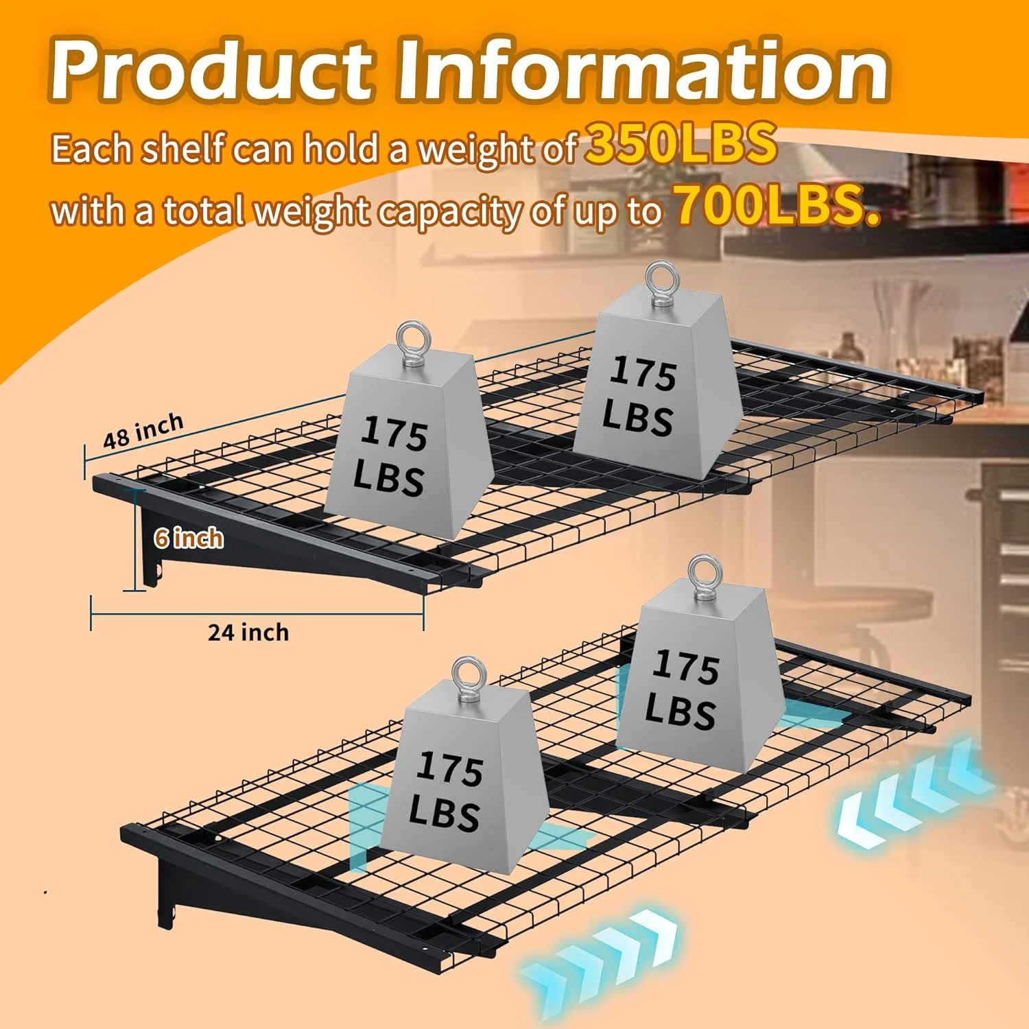 Garage Wall Shelving, 2-Pack 2 x 4ft Garage Storage Rack,Loads 700 lbs 24-inch-by-48-inch Heavy Duty Wall Shelves,24�� x 48�� Garage Wall Shelf,Black