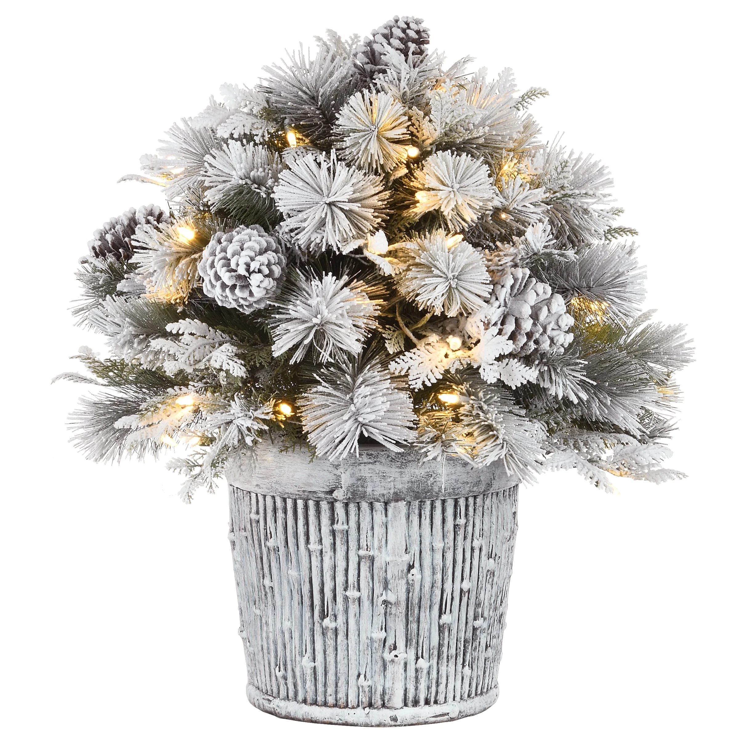 22 in. Pre-Lit Feel Real® Pre-Lit Artificial Snowy Chiwaw Basin Christmas Tabletop Tree, Green, Pinecones, 50 Warm White LED Lights, Whitewash Pot Base