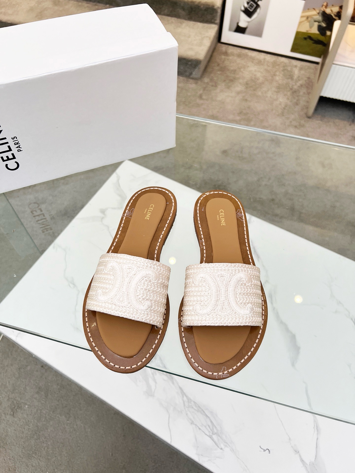Celine Triomphe Logo Embroidered Woven Textile Flat Slides