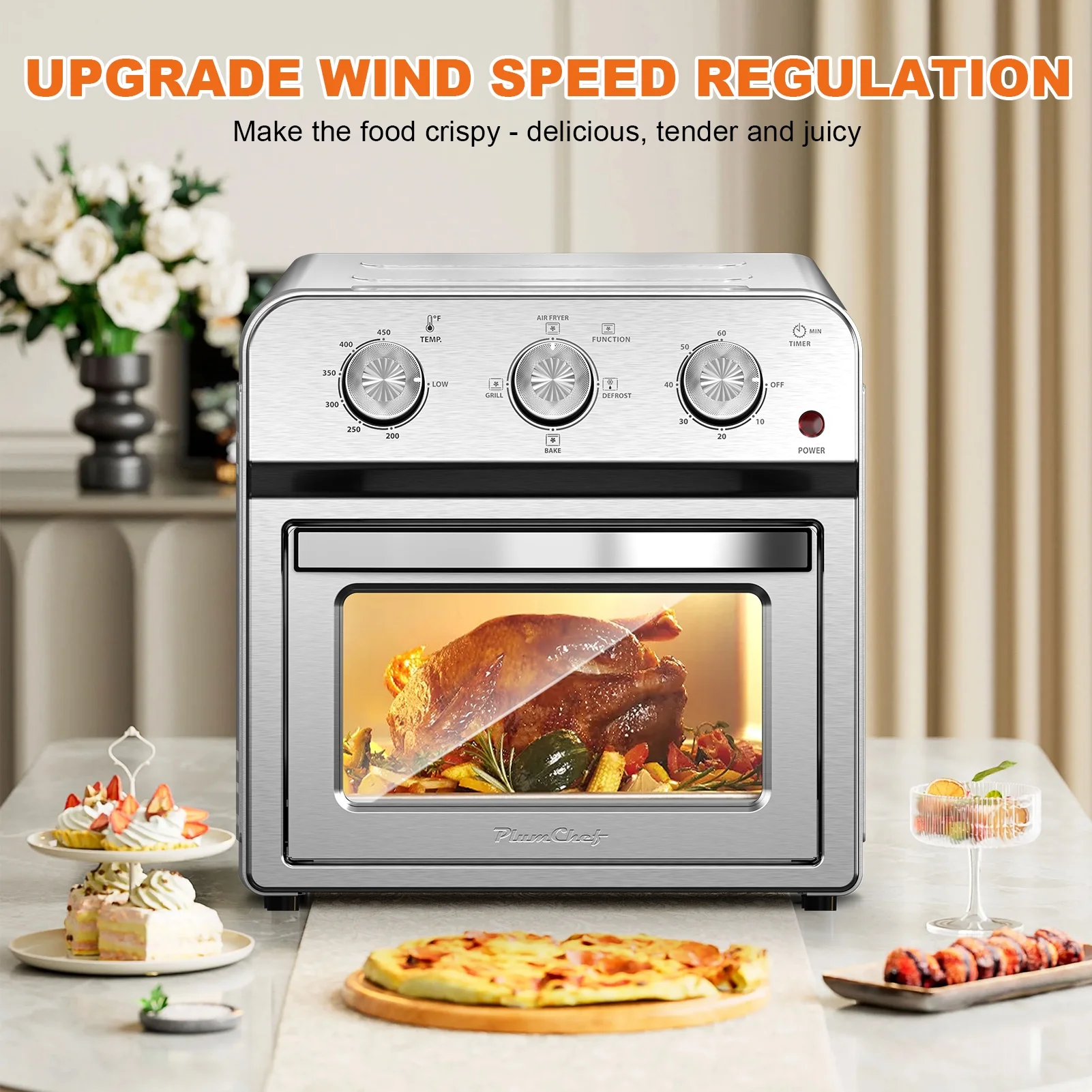 Plum Chef 13QT Air Fryer Toaster Oven Combo, 7-in-1 Multifunctional Countertop Oven with 360 Hot Air Circulation for Healthy Oil-Free Cooking, Family Size, Stainless Steel, Silver