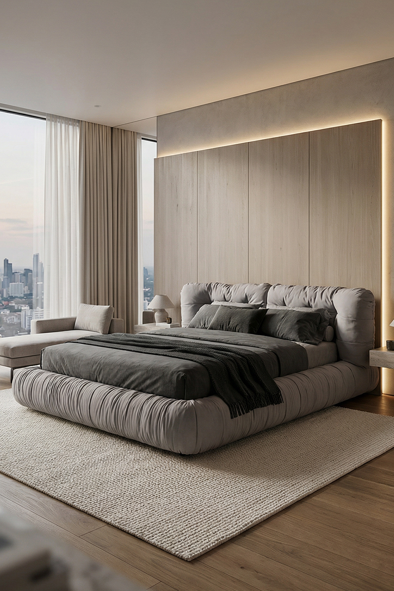 Italian minimalist puff bed, modern light luxury cloud fabric bed, creamy style zipper soft bag master bedroom double bed