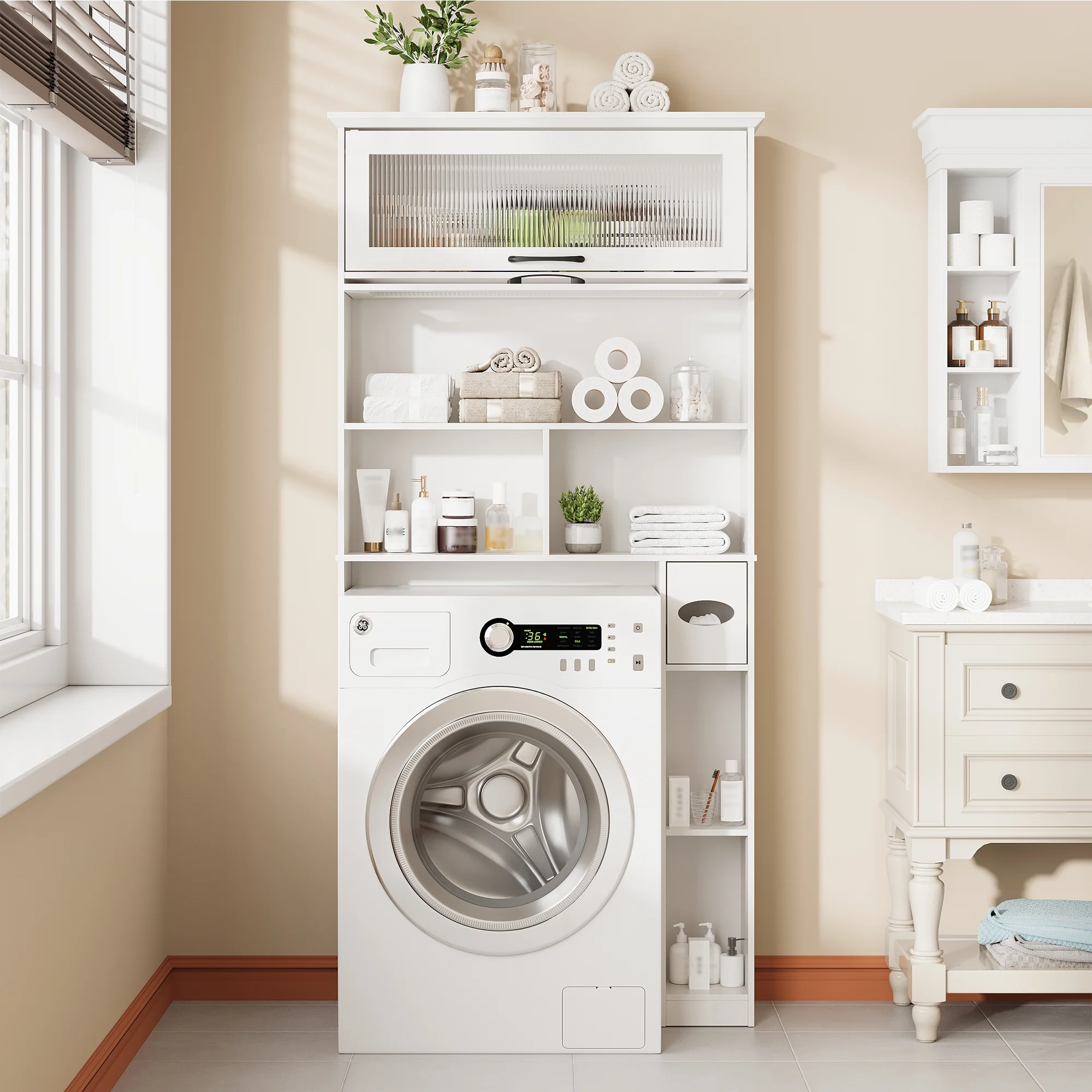 Vabches Over The Toilet Storage Cabinet with Transparent Flip Door, 33.2''W Bathroom Over Toilet Shelf Space Saver with Toilet Paper Holder