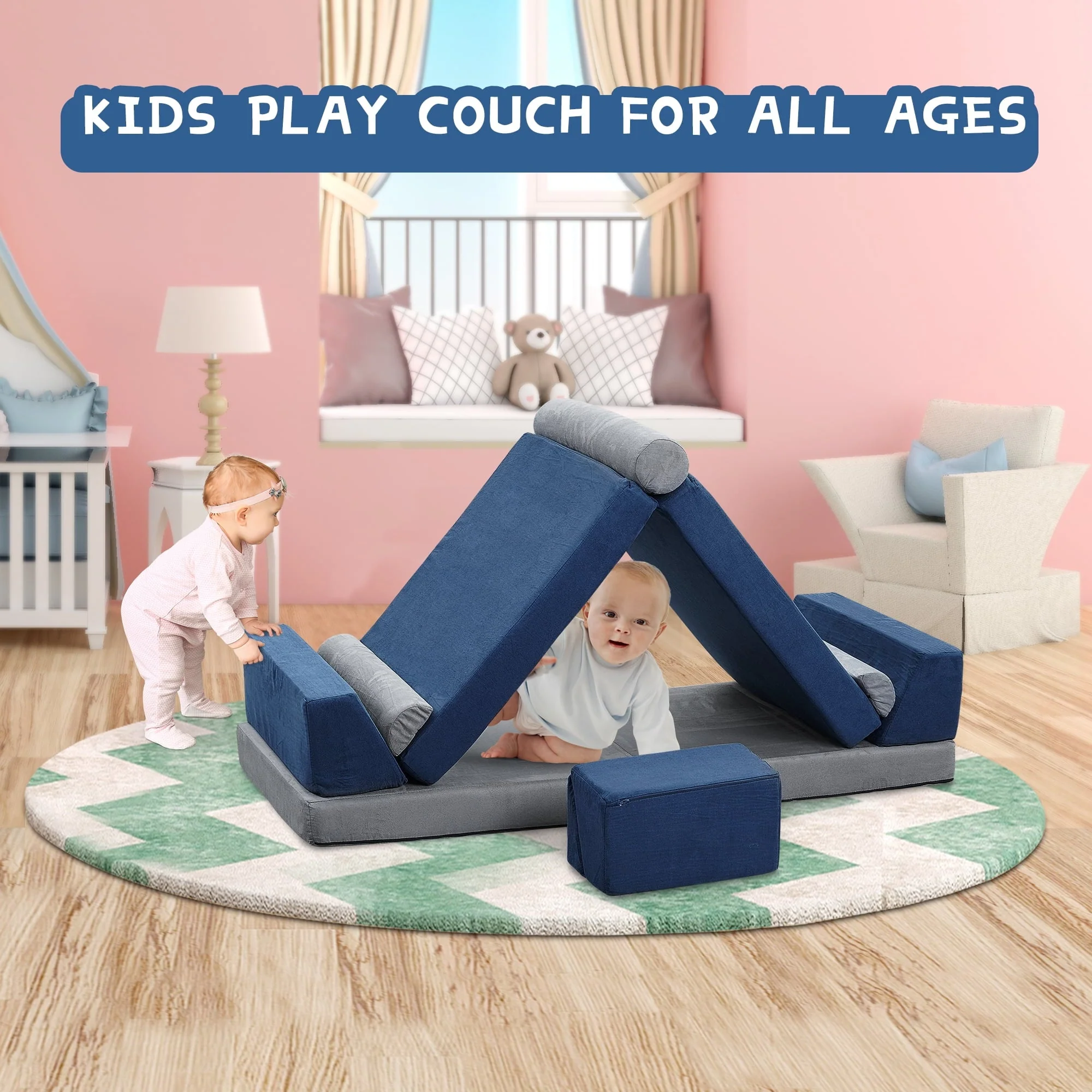 Ainfox Kids Couch, 10PCS Modular Fold Out Play Couch Sofa for Toddler Playroom & Bedroom, Soft Foam Kids Explorer Furniture Play Set with Washable Covers