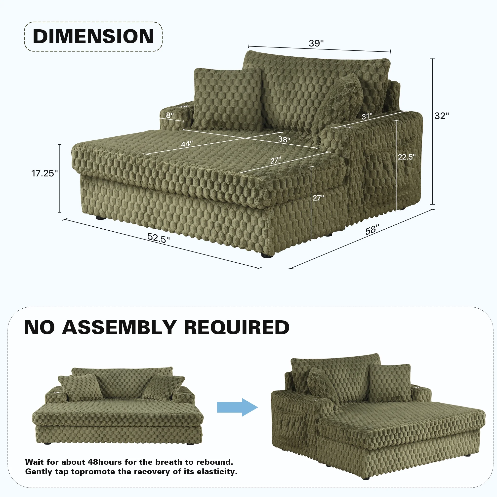 Aukfa Oversized Chaise Lounge Loveseat Couch with 2 Cup Holders&Throw Pillows, Fluffy Corduroy, Olive Green