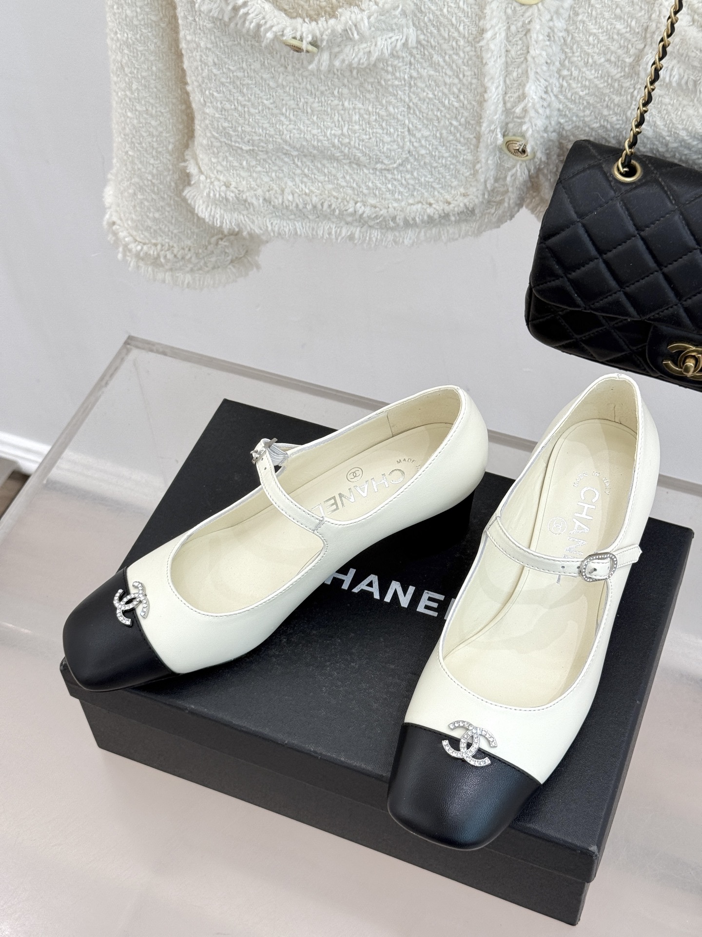 Chanel Two-Tone Cap Toe Crystal CC Logo Lambskin Block Heel Mary Janes