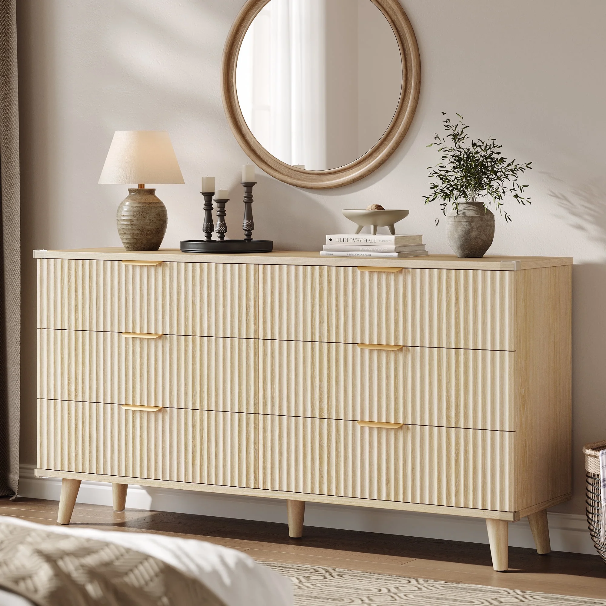 Laintene 3-Piece Boho Bedroom Set - 6-Drawer Dresser & 2 Nightstands with 3 Drawers & USB Charging, Fluted Wooden Storage, Modern Dresser & Nightstand Combo, Natural