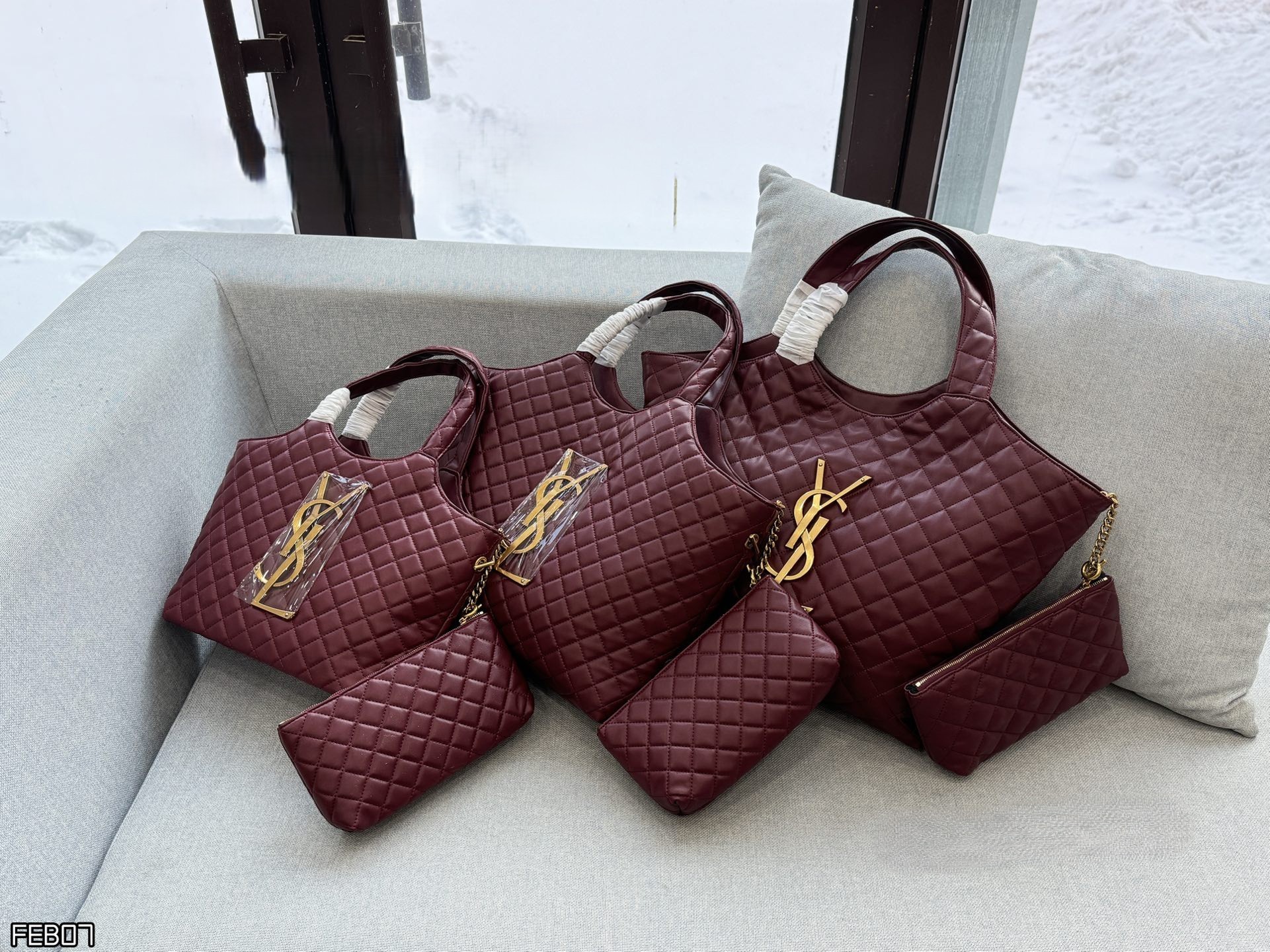 YSL Icare Maxi/Med/Small Red Monogram Quilted Leather Shopping Tote Bag With Pouch