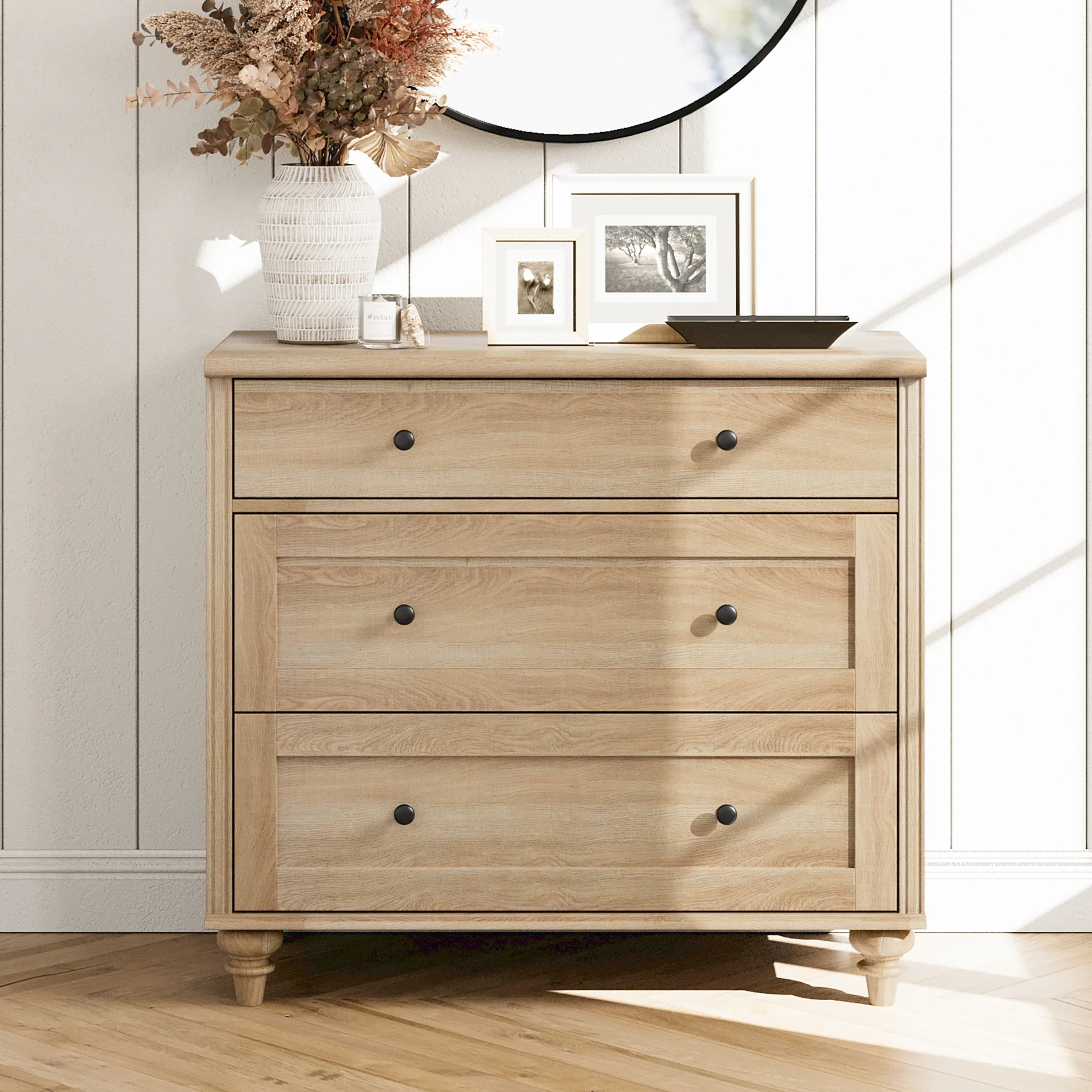 Oak Bedroom Dresser with 3 Drawers, Mid Century Modern Wooden Closet Storage Organizer, Small Dressers Suitable for Living Room, Nursery, and Hallway