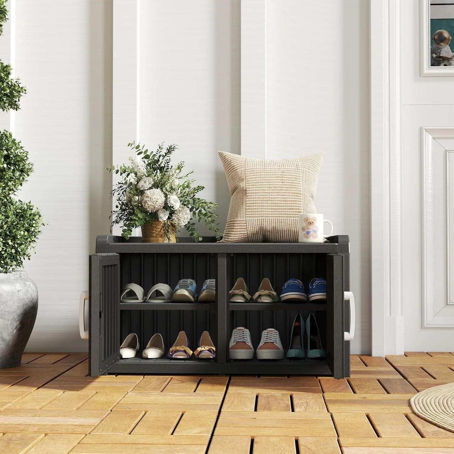 KAMABOKO Outdoor Shoe Storage Cabinet, Waterproof UV-Resistant Entryway Storage Bench Indoor Outdoor with 2 Barn Doors, Adjustable Shelves for Entryway, Bedroom, Hallway,Living Room(Black)